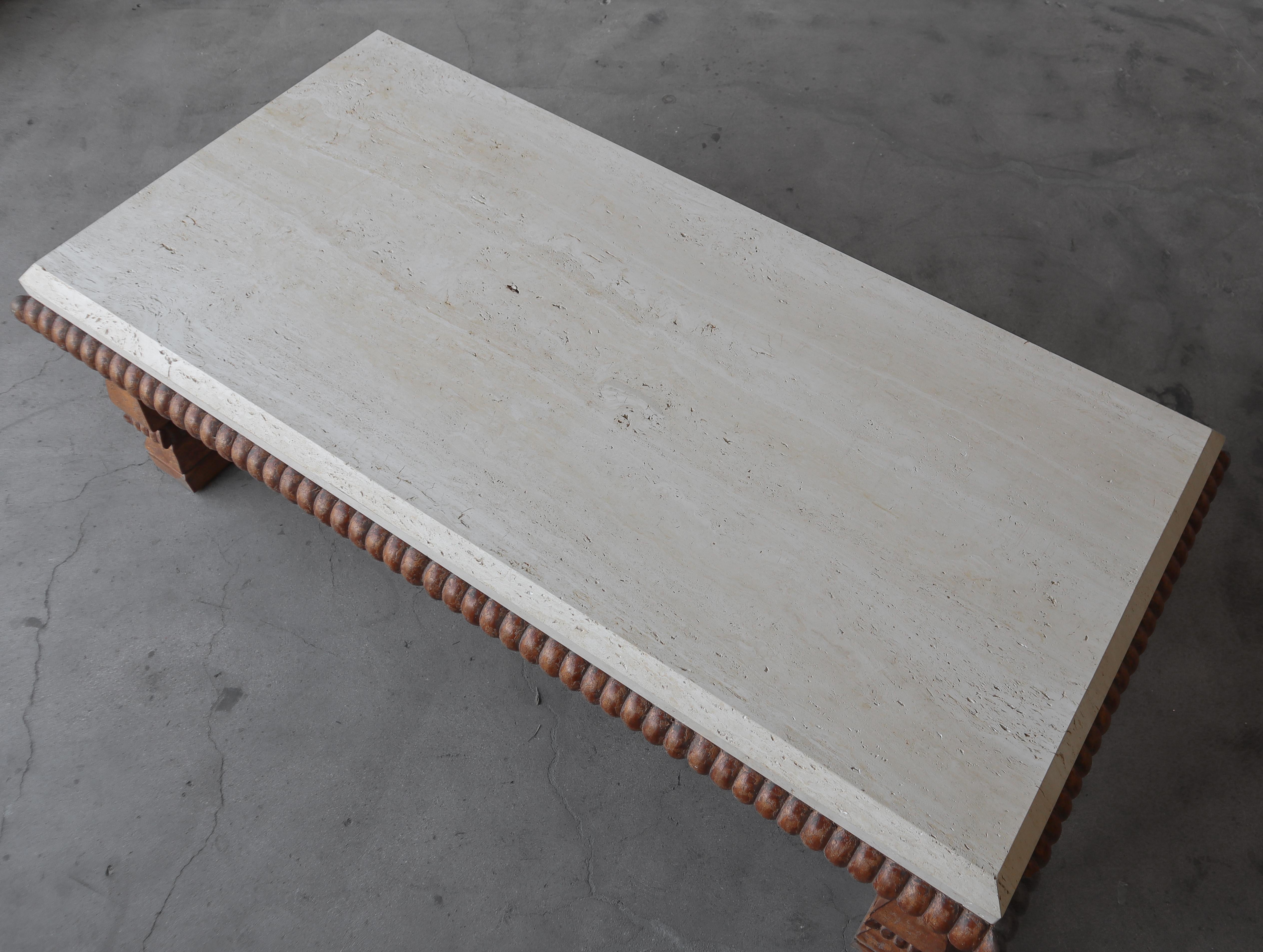 Large Scale Travertine and Carved Wood Coffee Table by Kreiss 2