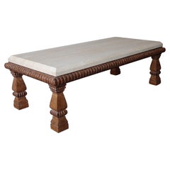 Large Scale Travertine and Carved Wood Coffee Table by Kreiss
