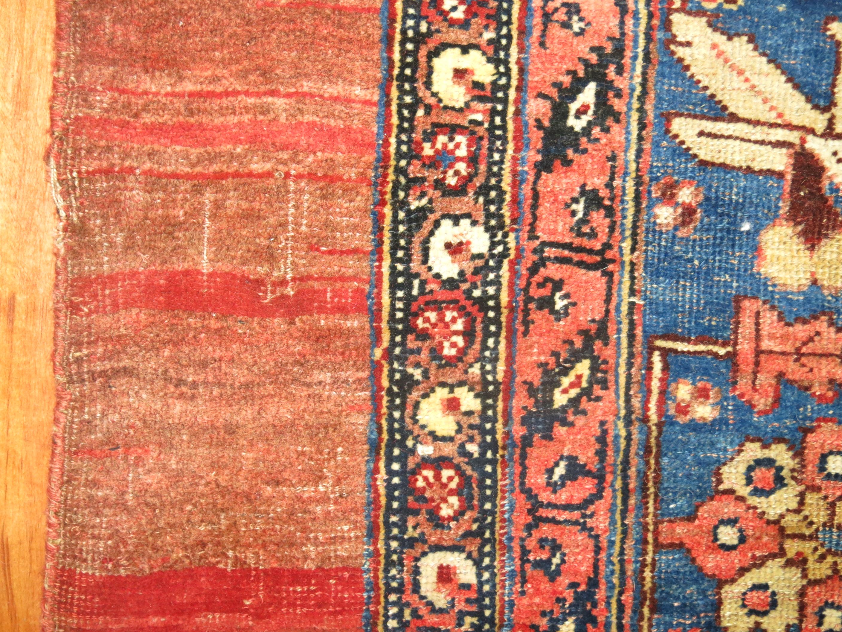 Traditioneller zimmergroßer persischer Bidjar-Teppich mit einem großen marineblauen Medaillon auf einem weichen ziegelroten Feld und senffarbenen Eckzwickeln, umgeben von einer blauen Mehrbandbordüre.

Maße: 7'8