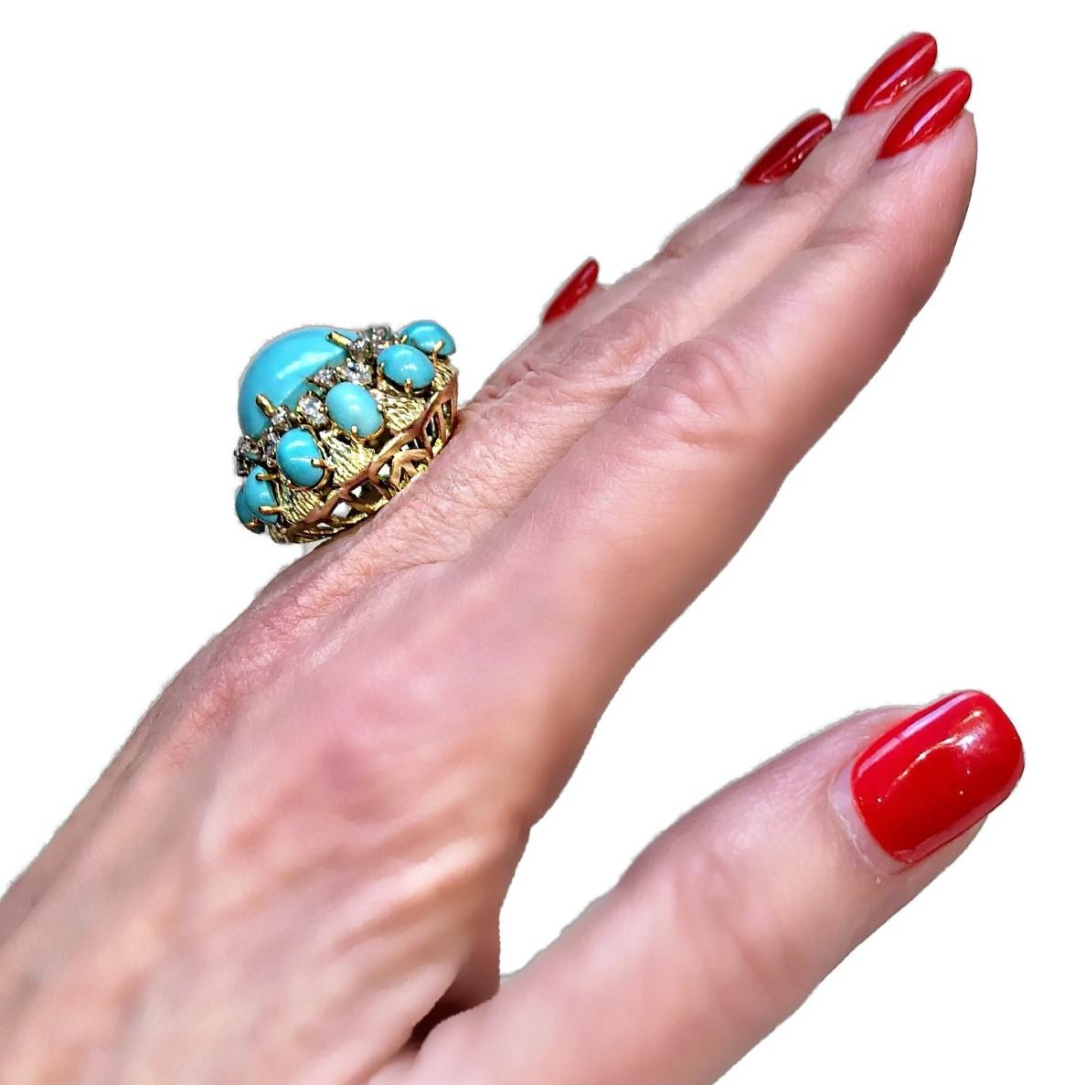 Large Scale Turquoise and Diamond Yellow Gold Ring 5