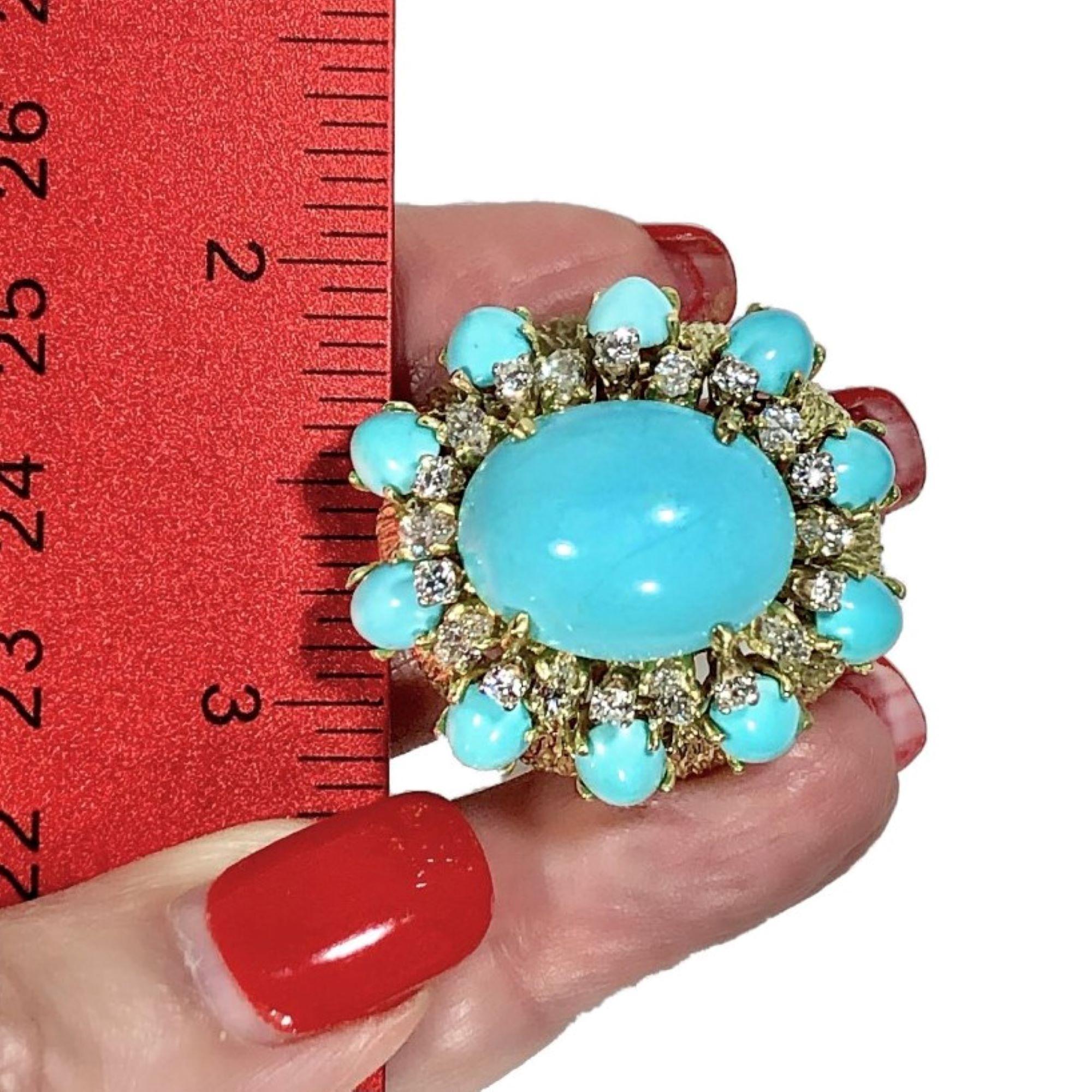 Large Scale Turquoise and Diamond Yellow Gold Ring 7