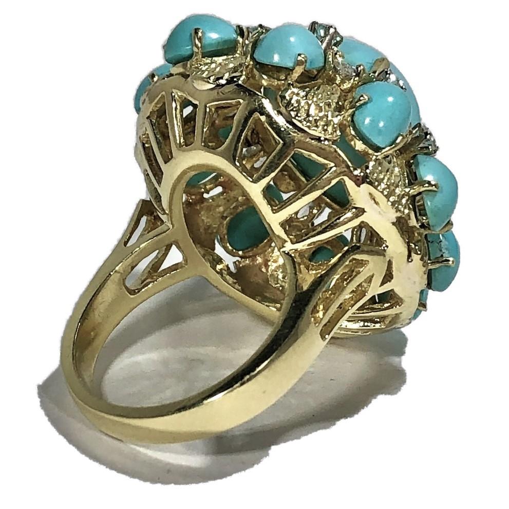Cabochon Large Scale Turquoise and Diamond Yellow Gold Ring