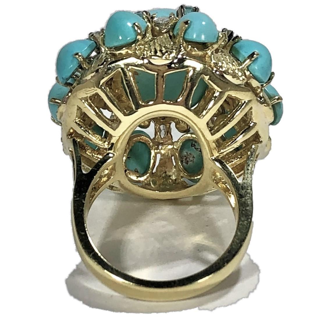 Large Scale Turquoise and Diamond Yellow Gold Ring In Good Condition In Palm Beach, FL
