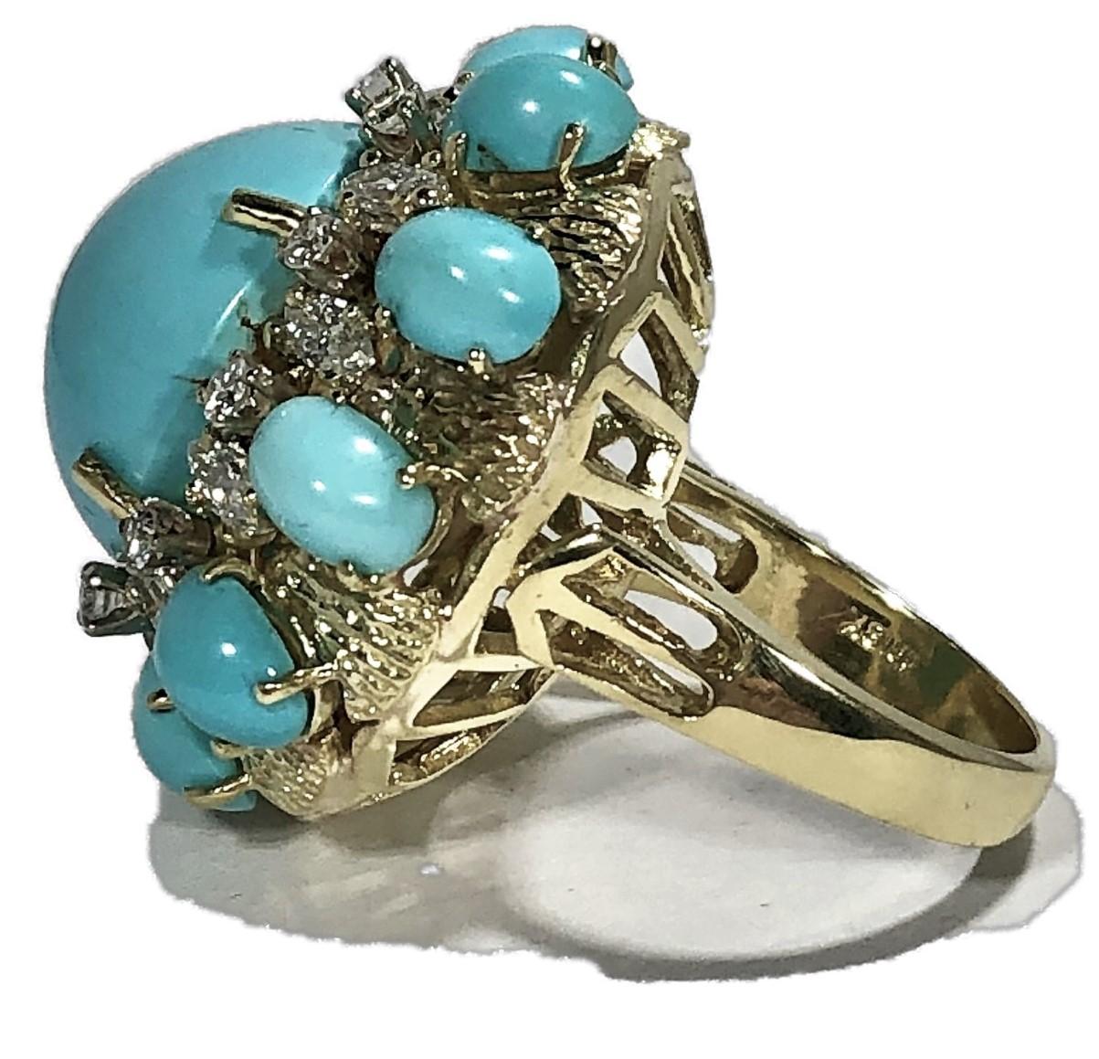 Women's Large Scale Turquoise and Diamond Yellow Gold Ring