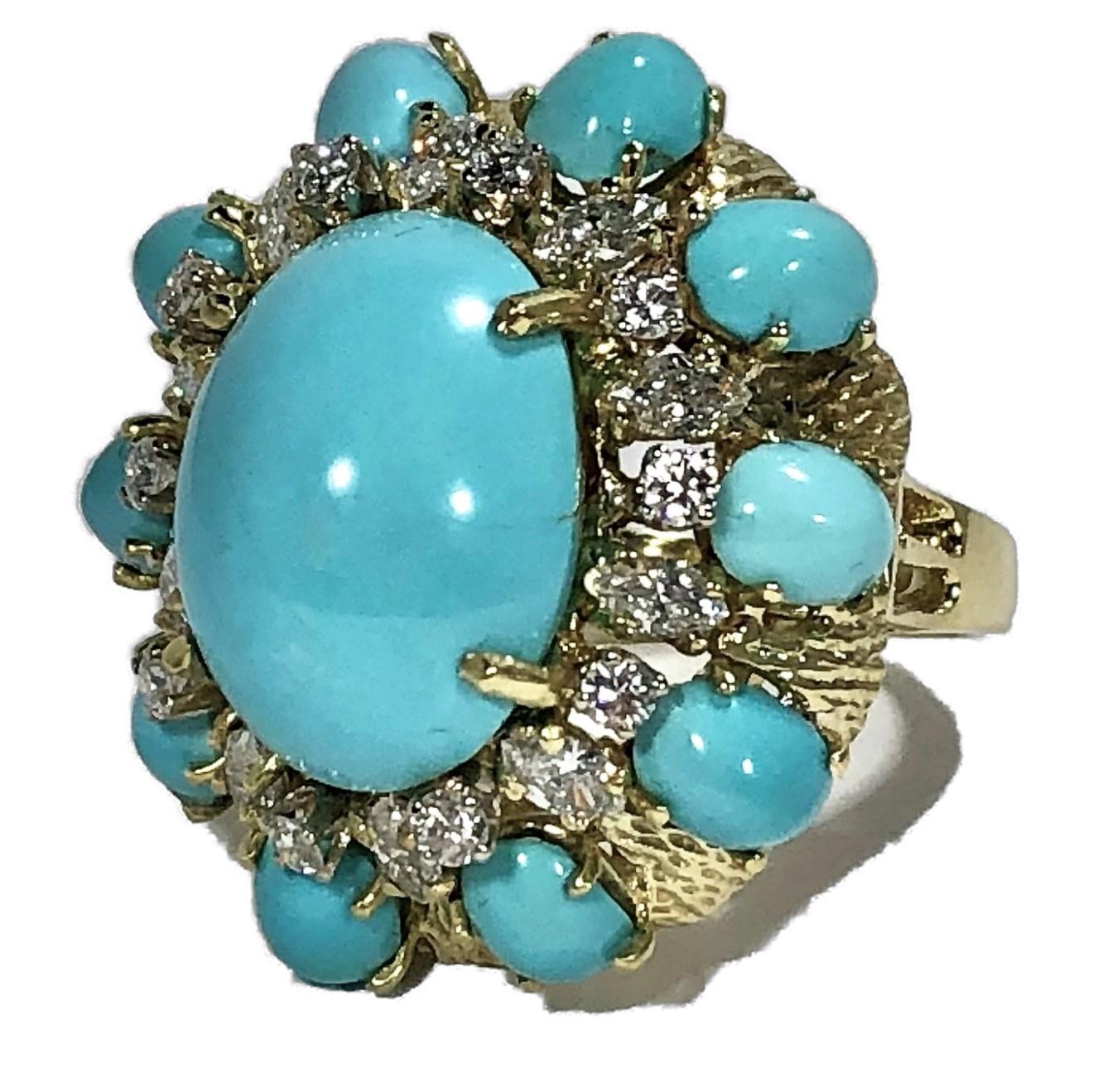 Large Scale Turquoise and Diamond Yellow Gold Ring 1
