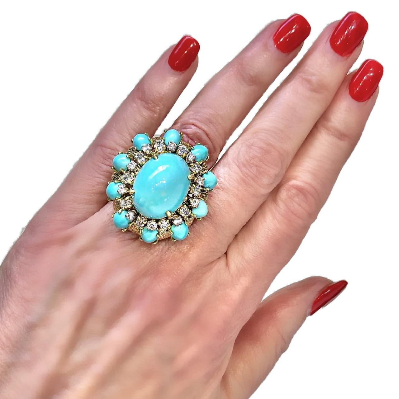 Large Scale Turquoise and Diamond Yellow Gold Ring 2