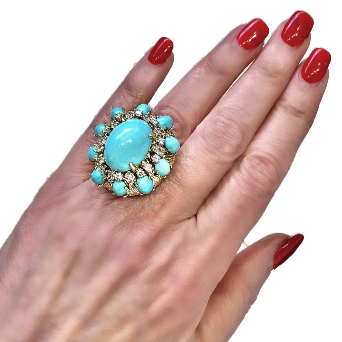 Large Scale Turquoise and Diamond Yellow Gold Ring 3