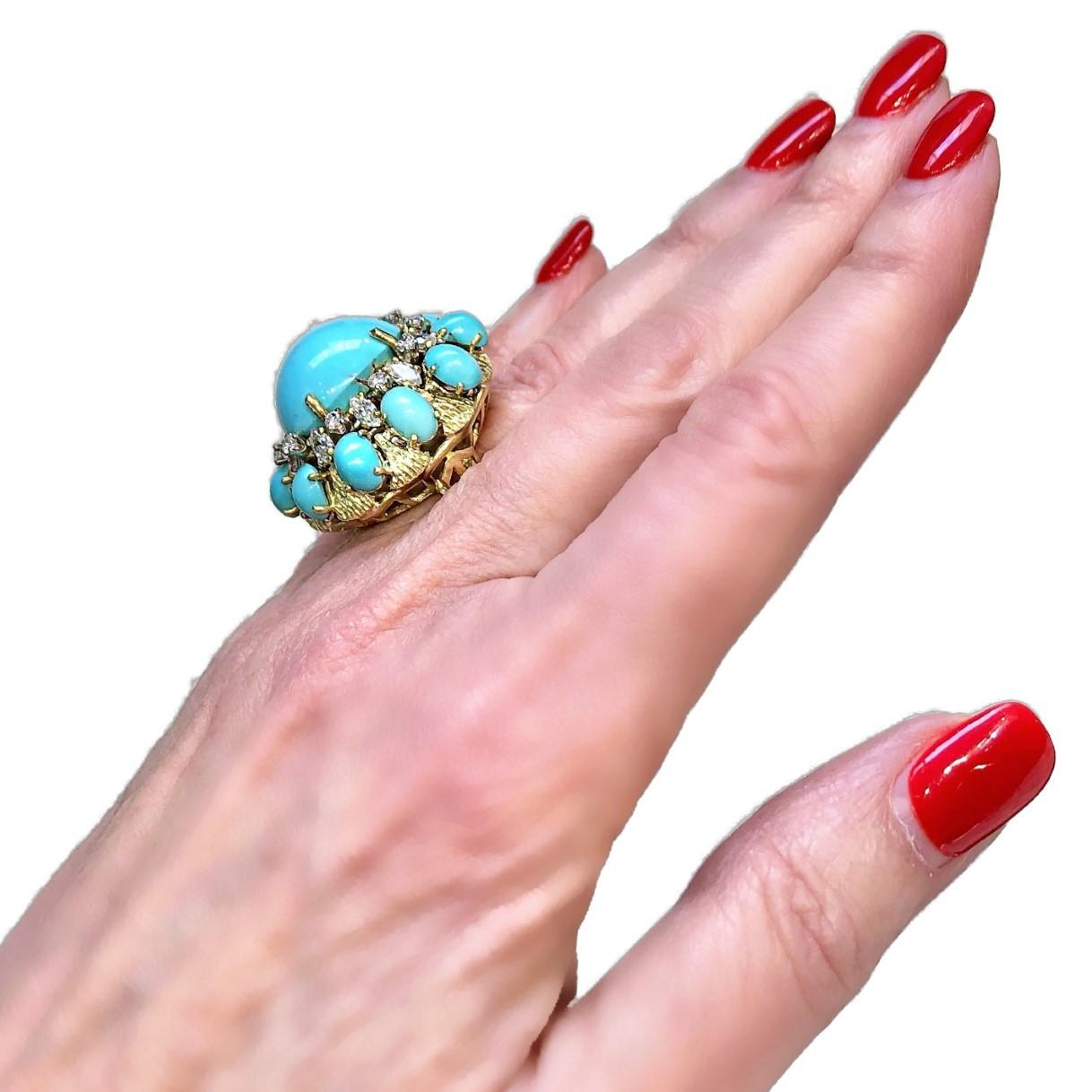 Large Scale Turquoise and Diamond Yellow Gold Ring 4