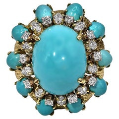 Large Scale Turquoise and Diamond Yellow Gold Ring