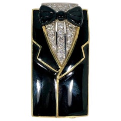 Large Scale British Tuxedo Lapel Pin in Gold, Onyx, Black Enamel, and Diamonds