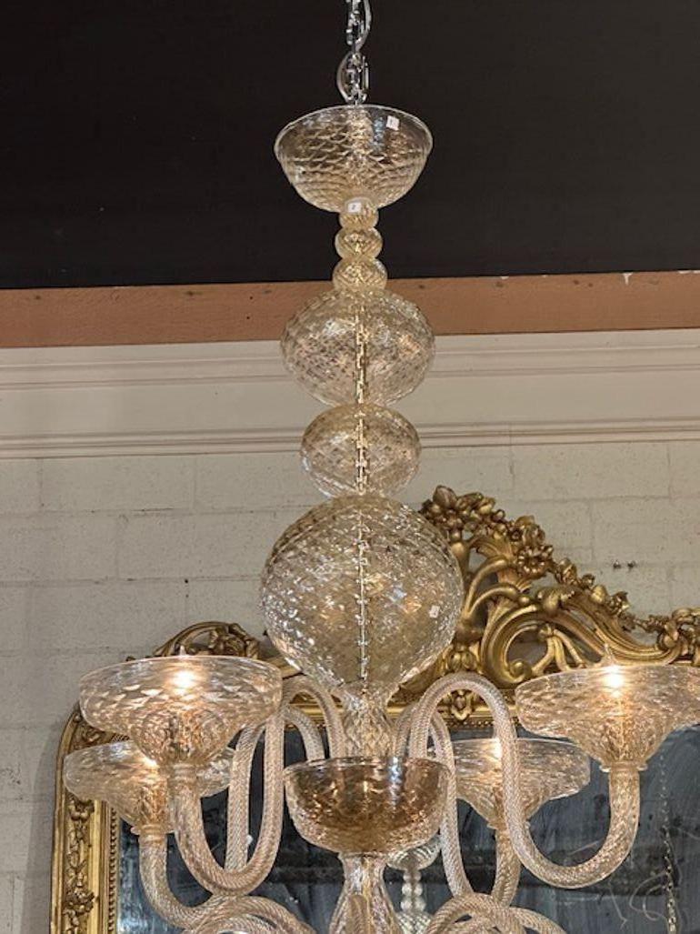 Large Scale Two-Tiered Gold Murano Glass Chandelier In Good Condition For Sale In Dallas, TX