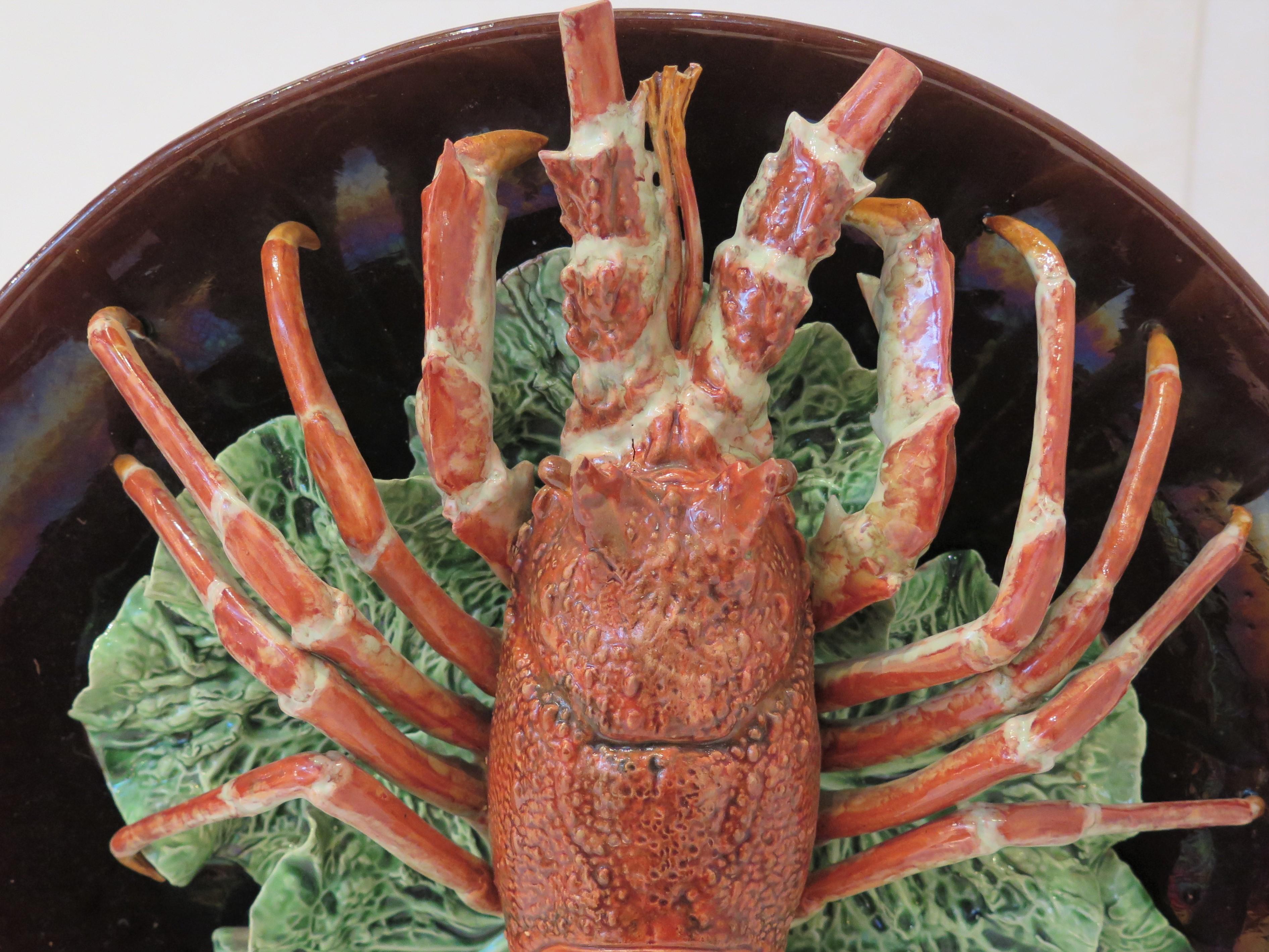 large-scale / grand VERY RARE single lobster on cabbage by artist / ceramist Rafael Bordalo Pinheiro (Portugal, 1846-1905), Portuguese Palissy ware / majolica from Caldas da Rainha, Portugal, 1887

impressed verso with mark, 