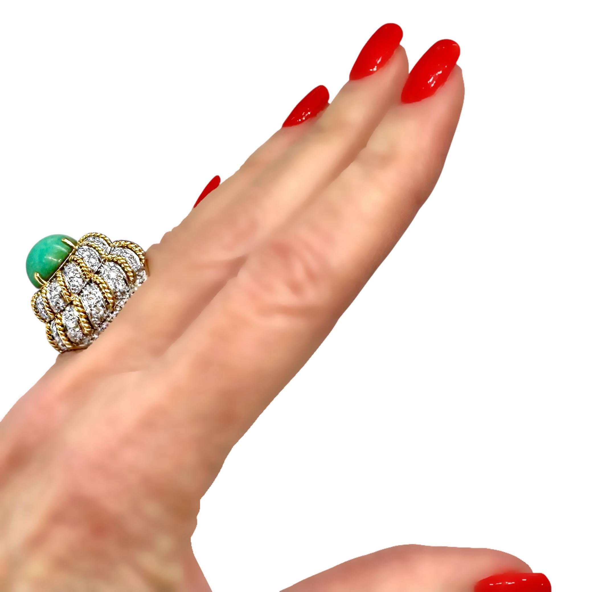 Large Scale Vintage 18K Gold Diamond Encrusted & Turquoise Dimensional Dome Ring For Sale 5