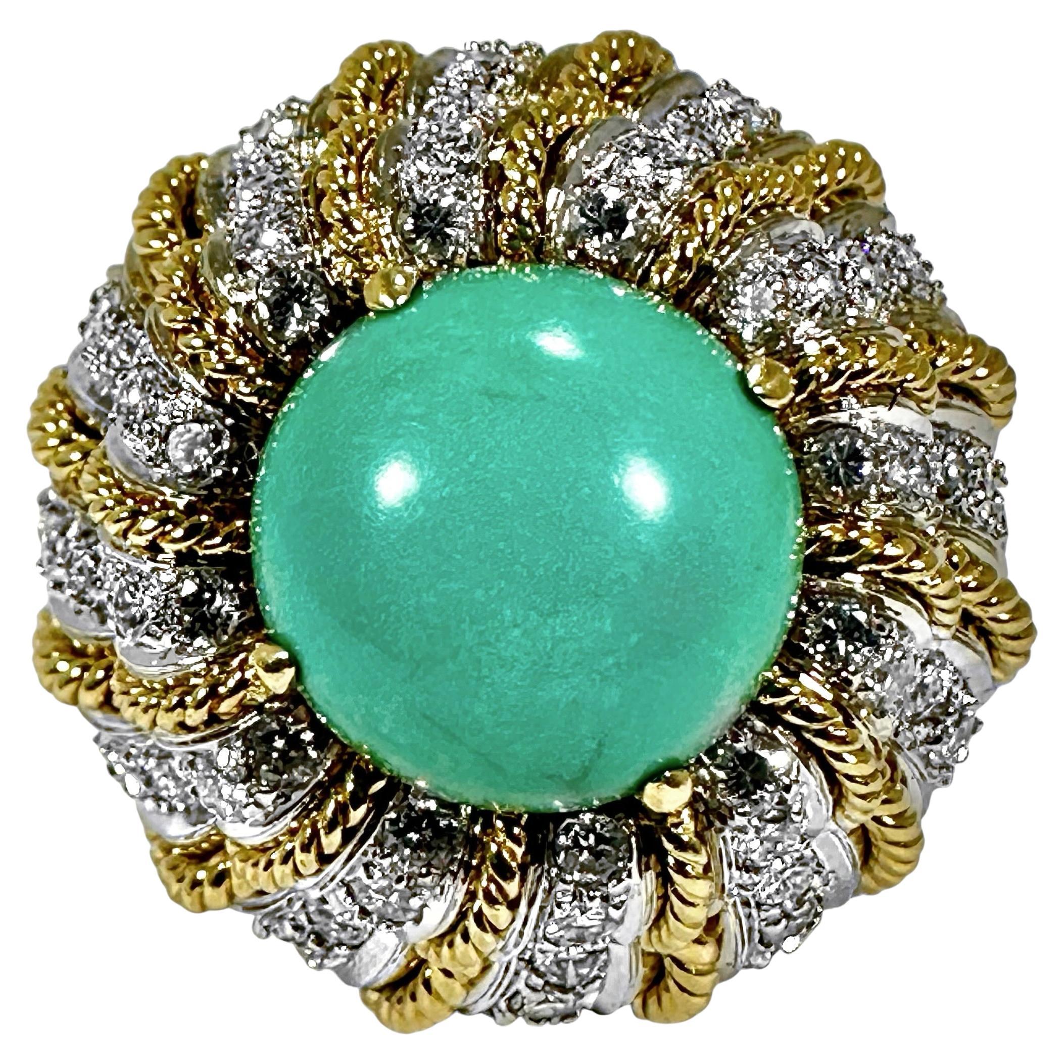 This exquisitely handcrafted vintage 18K yellow and white gold Turban Style dome ring combines quality materials with expert craftsmanship and style. Sitting atop a two tier dome of hand twisted gold rope and white gold diamond set plates, is a