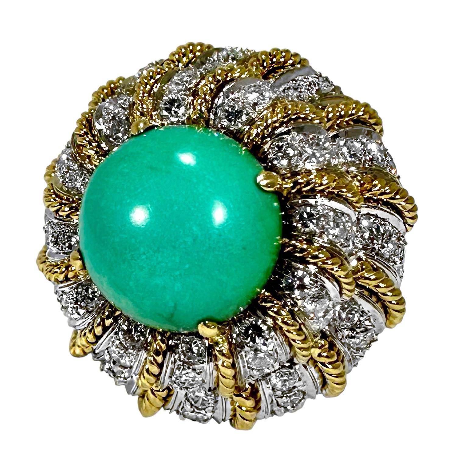 Modern Large Scale Vintage 18K Gold Diamond Encrusted & Turquoise Dimensional Dome Ring For Sale