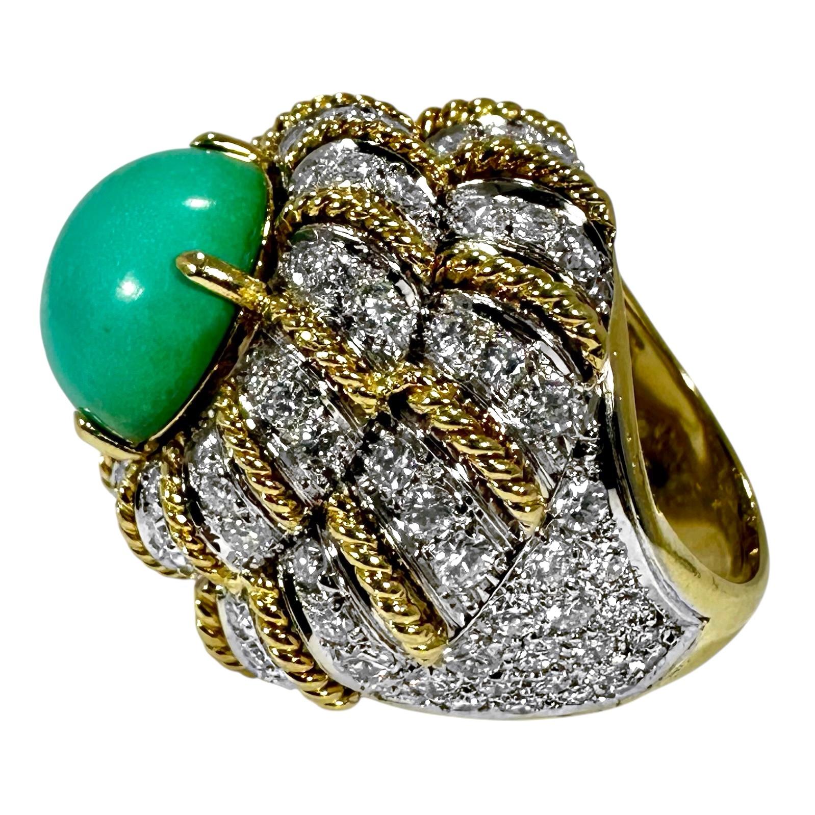 Brilliant Cut Large Scale Vintage 18K Gold Diamond Encrusted & Turquoise Dimensional Dome Ring For Sale