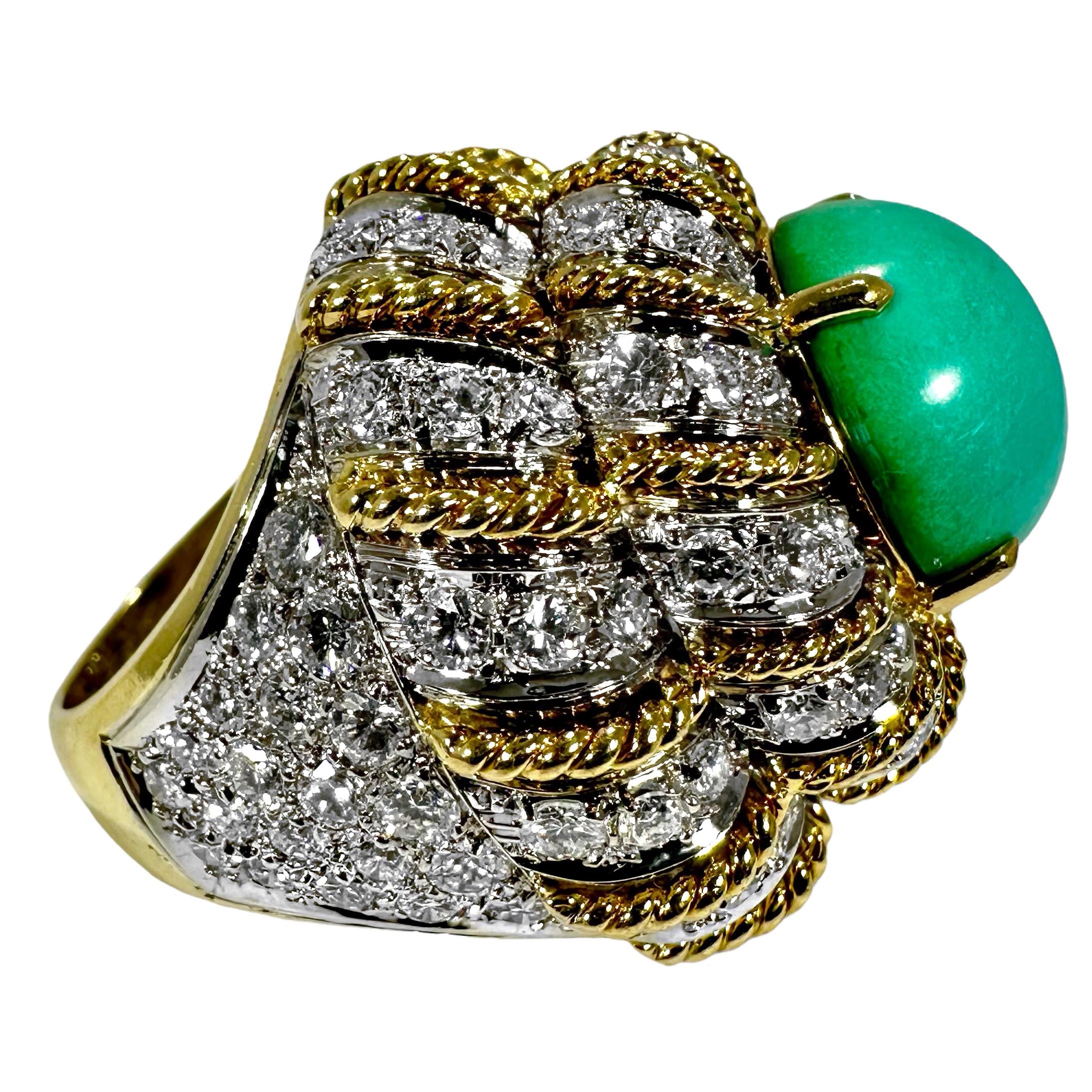 Women's or Men's Large Scale Vintage 18K Gold Diamond Encrusted & Turquoise Dimensional Dome Ring For Sale