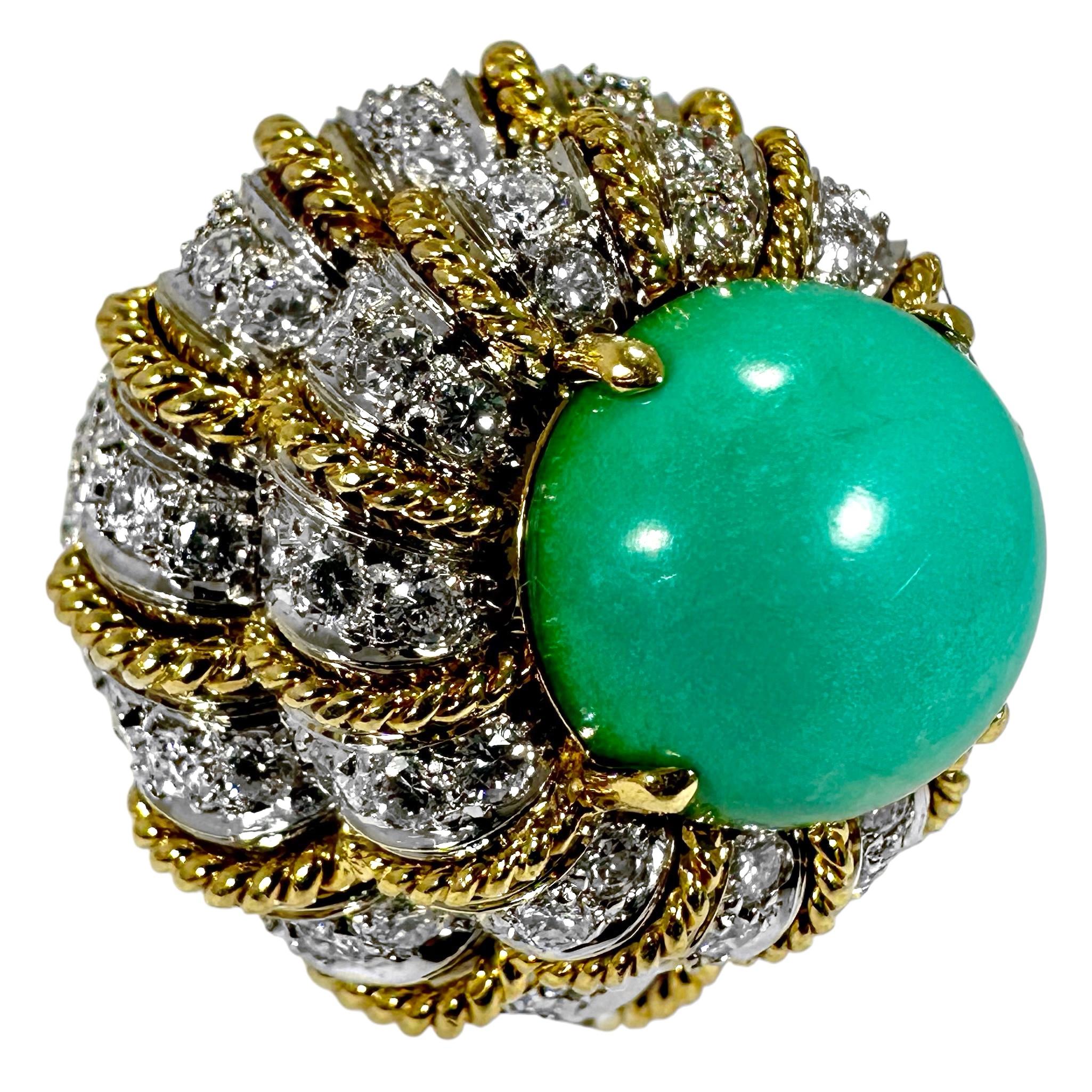 Large Scale Vintage 18K Gold Diamond Encrusted & Turquoise Dimensional Dome Ring For Sale 1