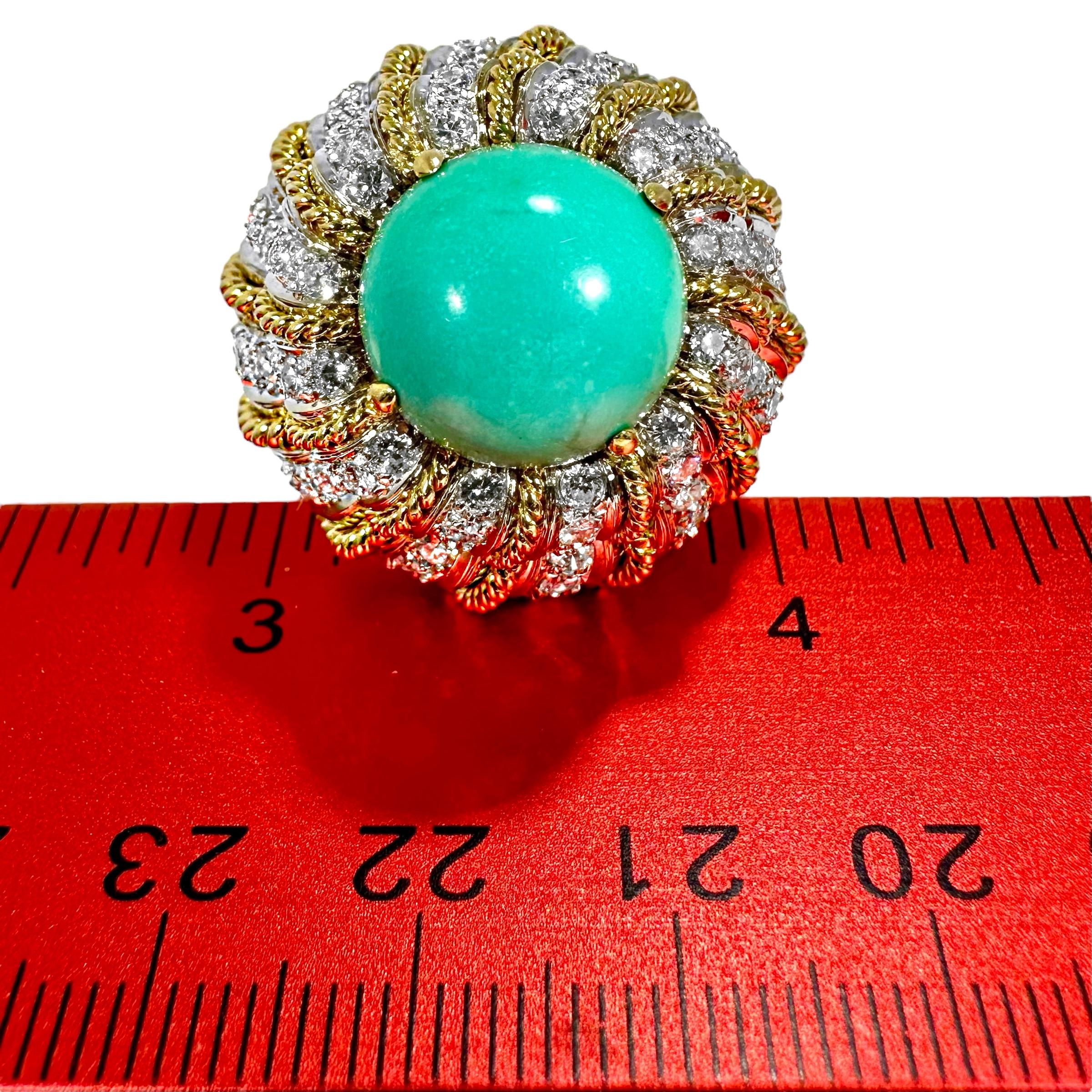 Large Scale Vintage 18K Gold Diamond Encrusted & Turquoise Dimensional Dome Ring For Sale 2