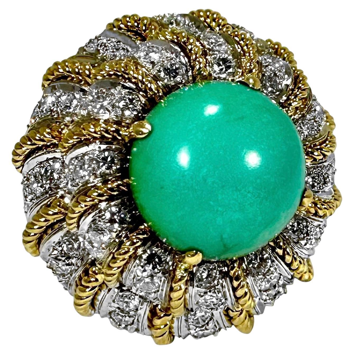 Large Scale Vintage 18K Gold Diamond Encrusted & Turquoise Dimensional Dome Ring For Sale