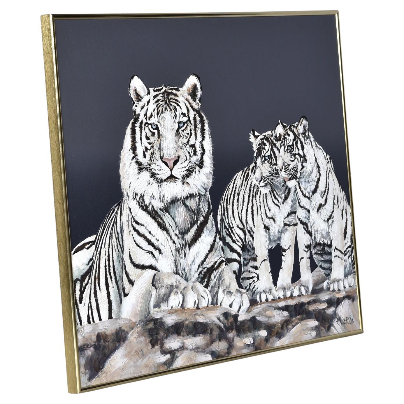 Großes Ölgemälde von weißen Tigern im Vintage-Stil der 1970er Jahre, signiert, gerahmt im Angebot