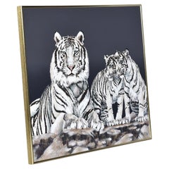 Pittura a olio su larga scala vintage anni '70 di tigri bianche, firmata, incorniciata