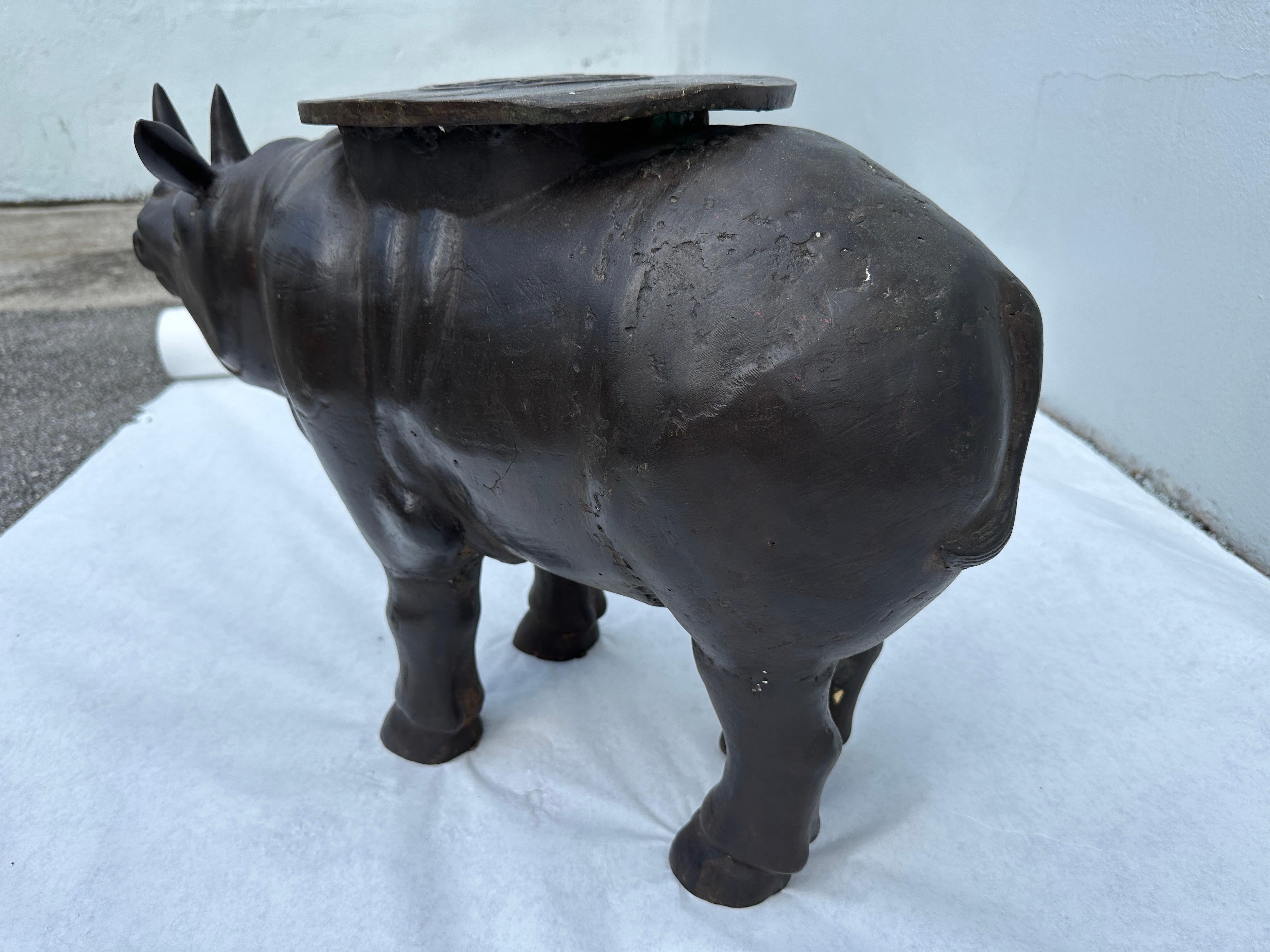 Large Scale Vintage Bronze Rhino Sculpture/ Side-Table For Sale 2