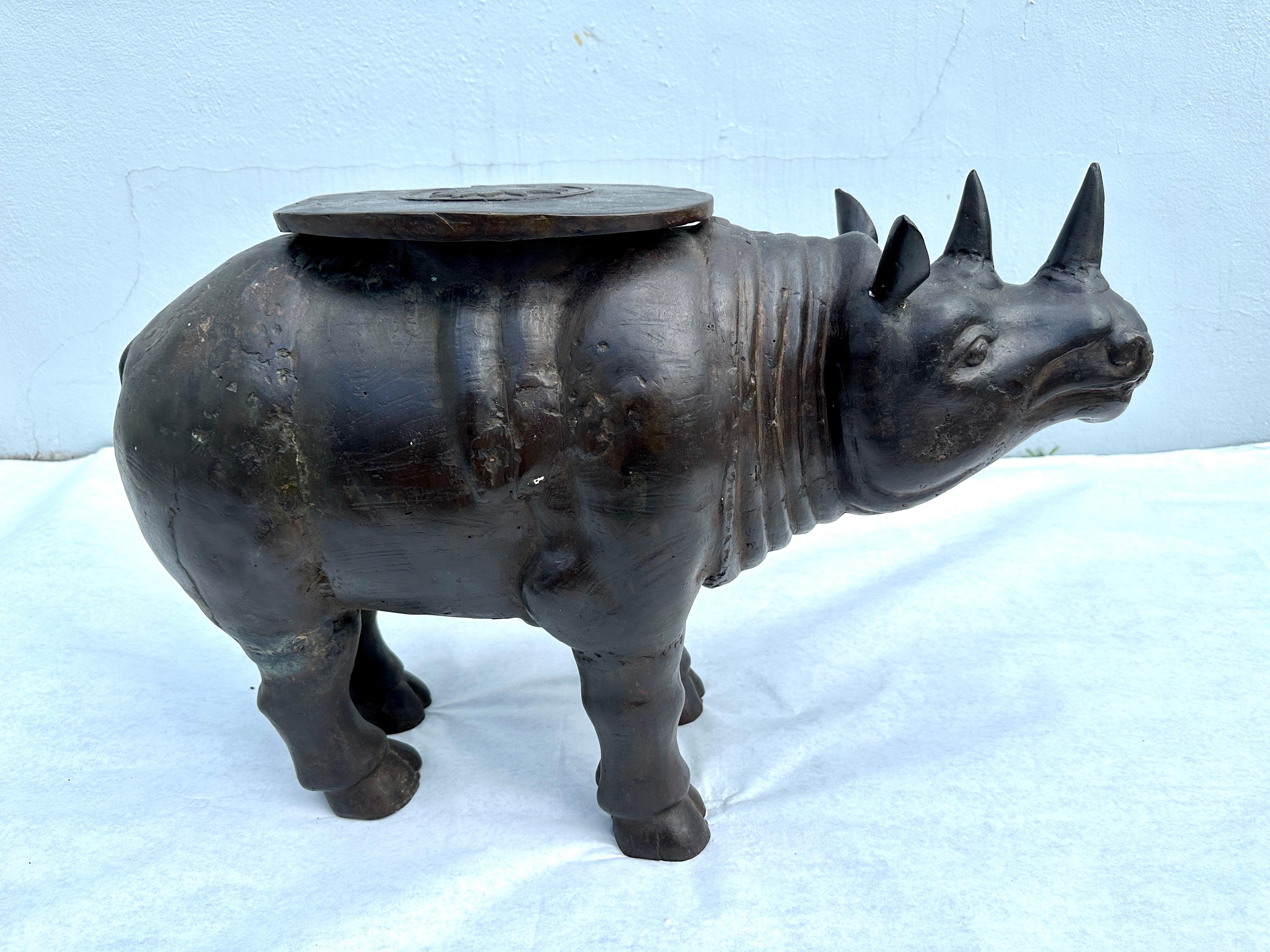 Large Scale Vintage Bronze Rhino Sculpture/ Side-Table For Sale 3