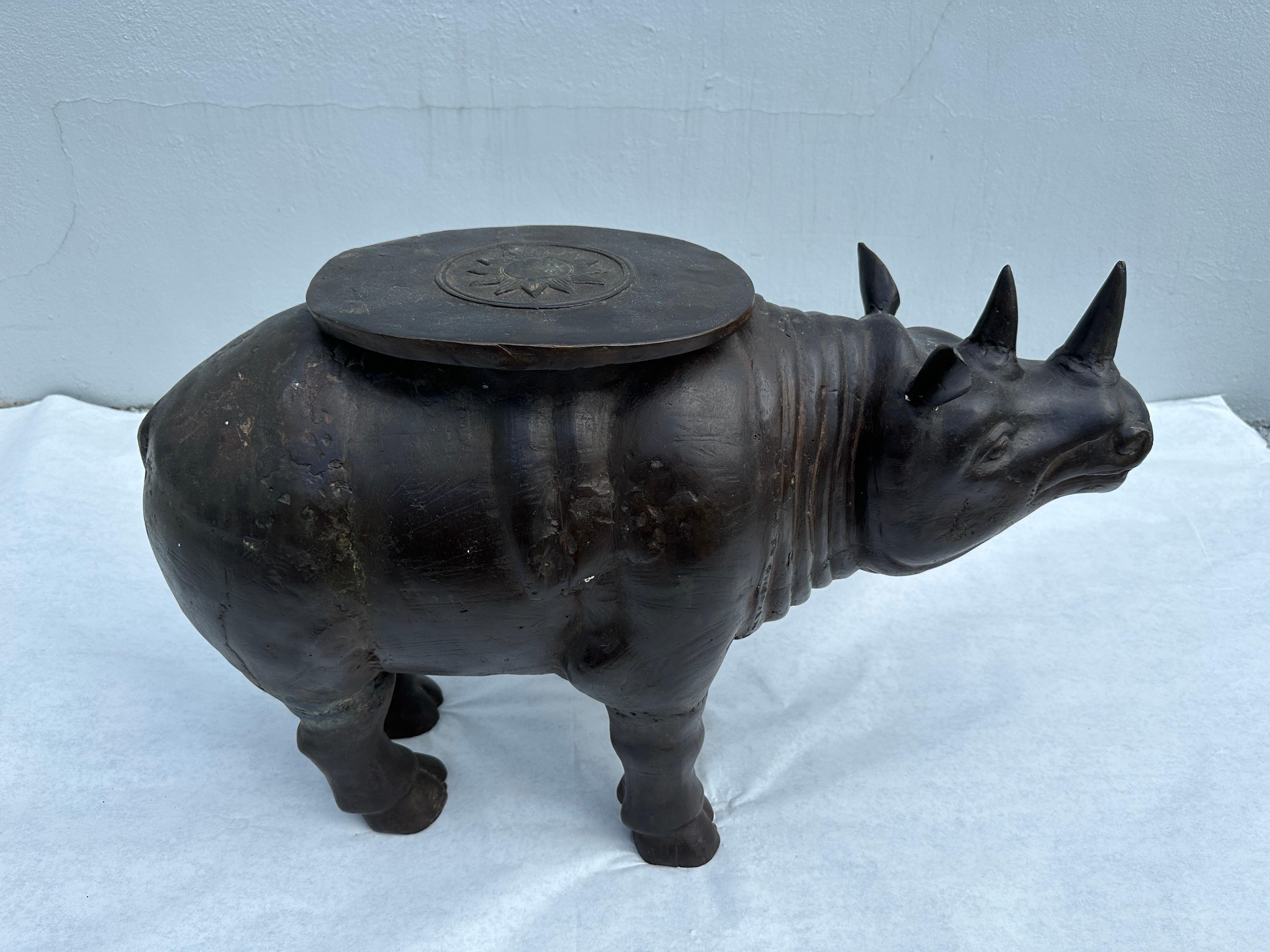 20th Century Large Scale Vintage Bronze Rhino Sculpture/ Side-Table For Sale