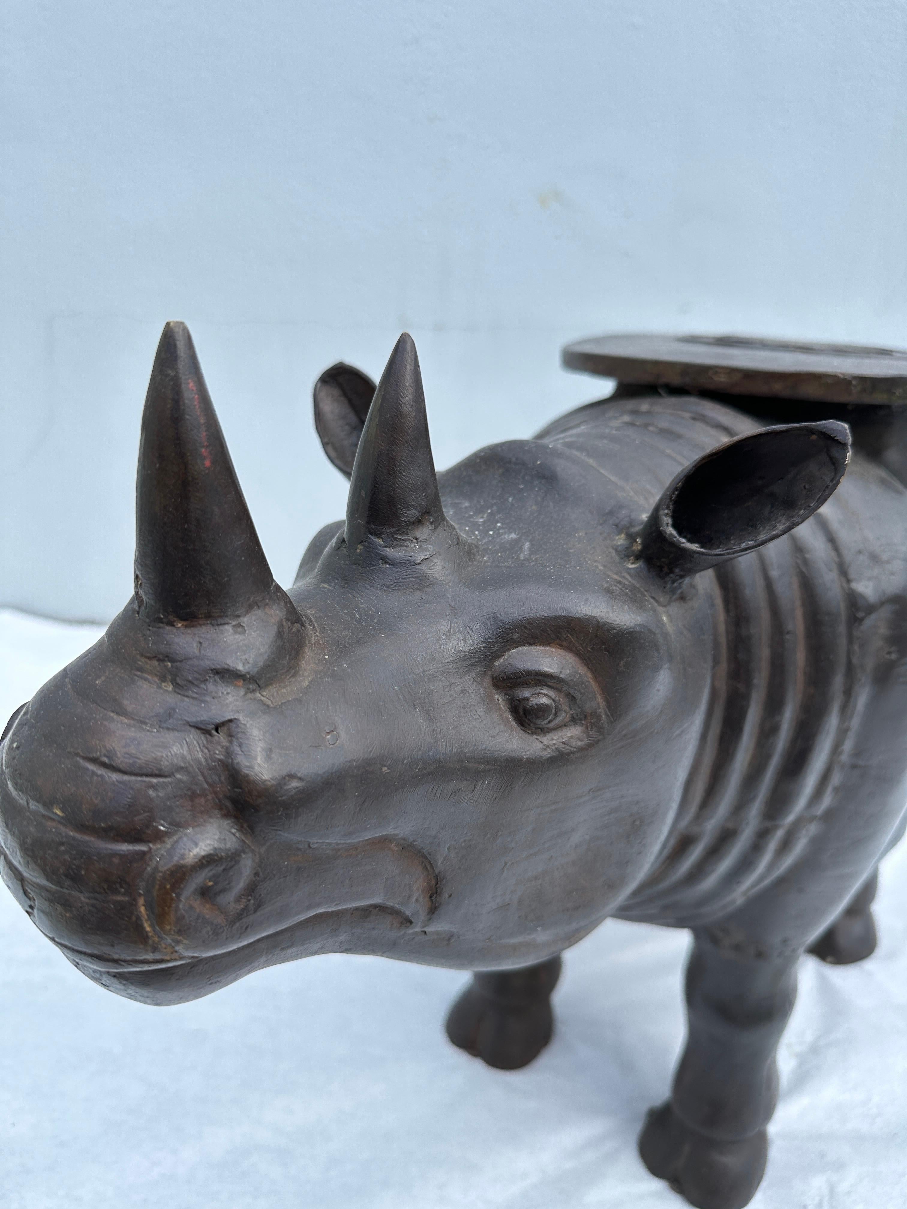 Large Scale Vintage Bronze Rhino Sculpture/ Side-Table For Sale 1