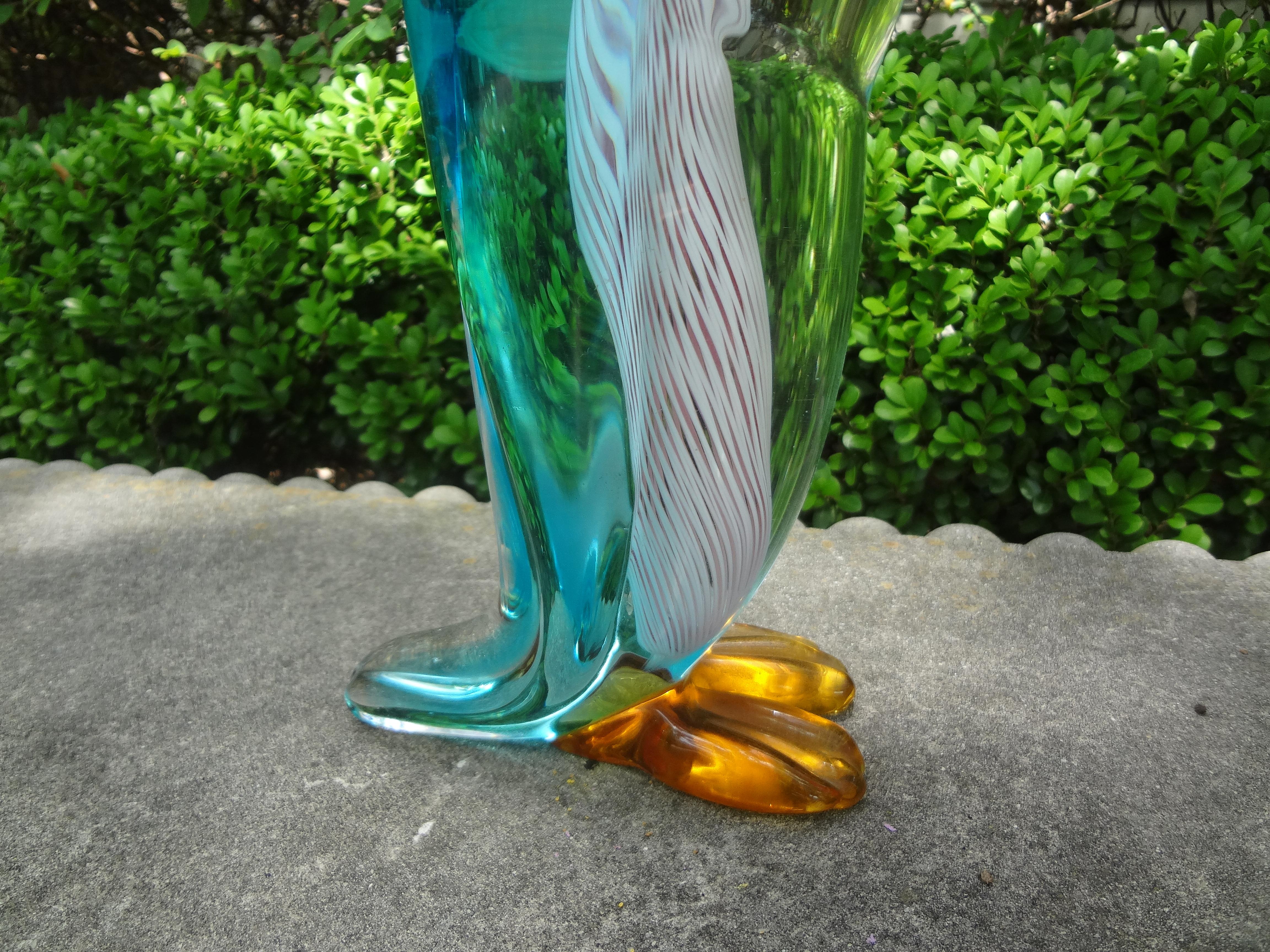 Beautiful large scale midcentury Italian Murano glass duck figure. This tall vintage Murano hand blown duck is executed in a gorgeous shade of blue with white and yellow.