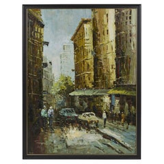Large Scale Vintage Oil Painting of European Street Scene, Newly Framed