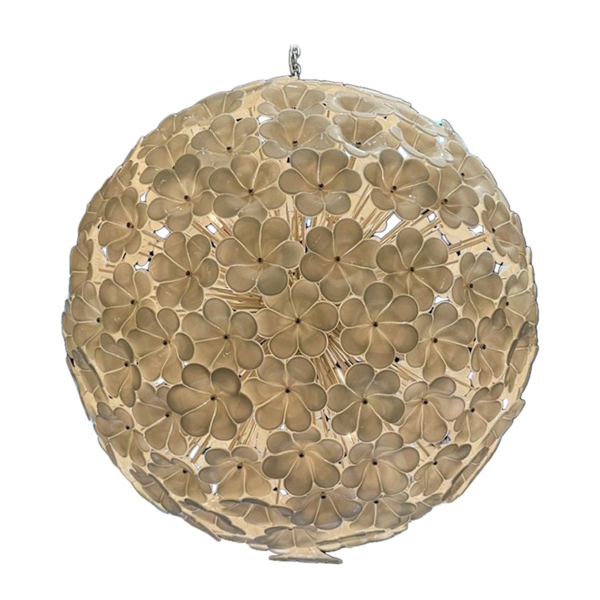 Large Scale White Murano Glass Hibiscus Flower Globe Chandelier For Sale