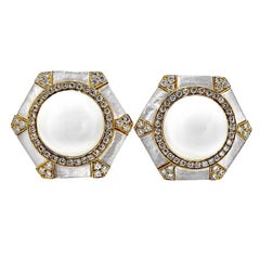 Large Scale White Onyx, Diamond and Mother of Pearl Earrings by Albert Lipten