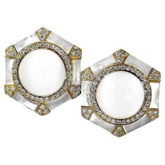 Large Scale White Onyx, Diamond and Mother of Pearl Earrings by Albert Lipten