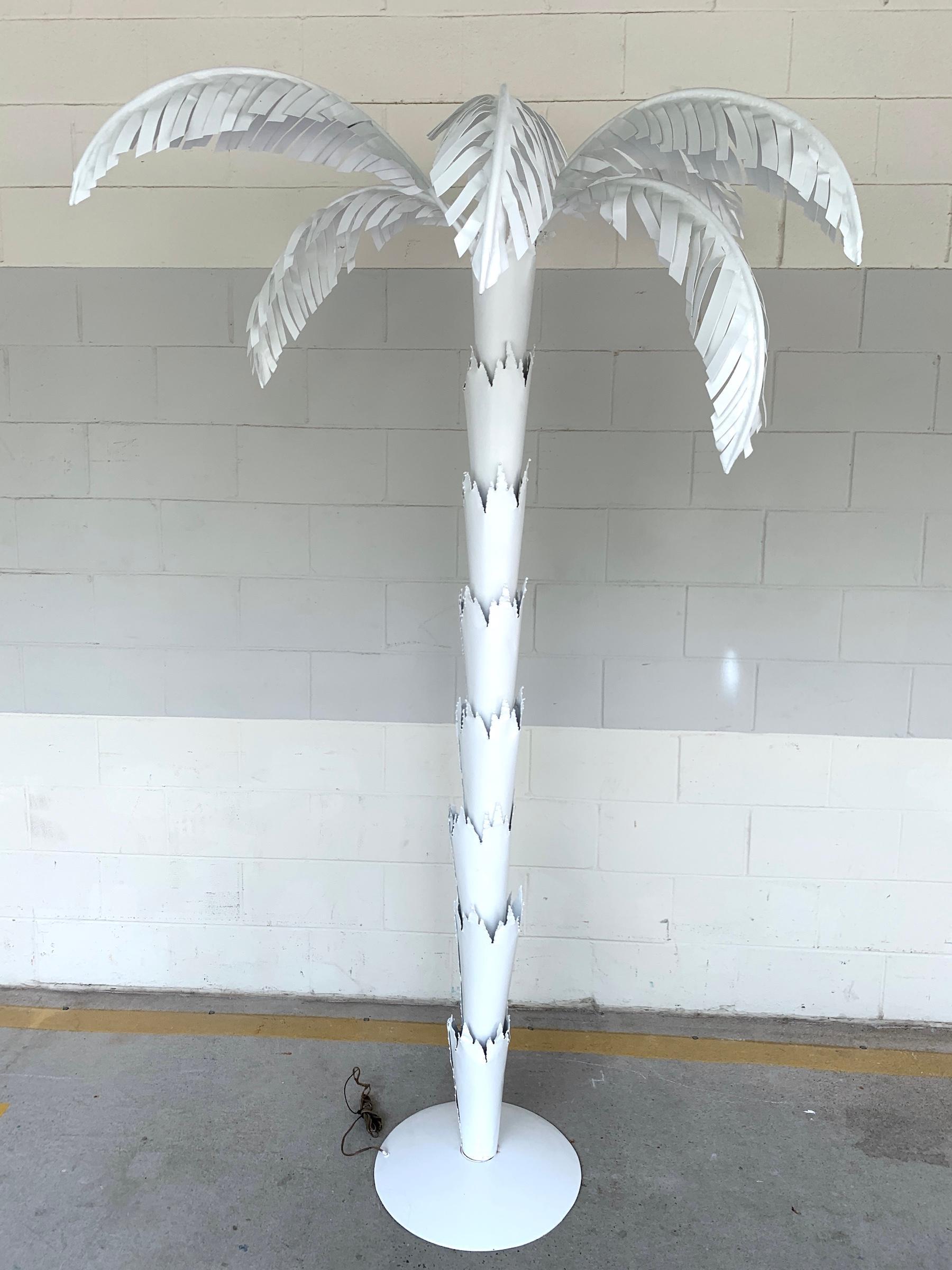 Large scale white tole palm tree floor lamp, style of Serge Roche, fitted with six 30