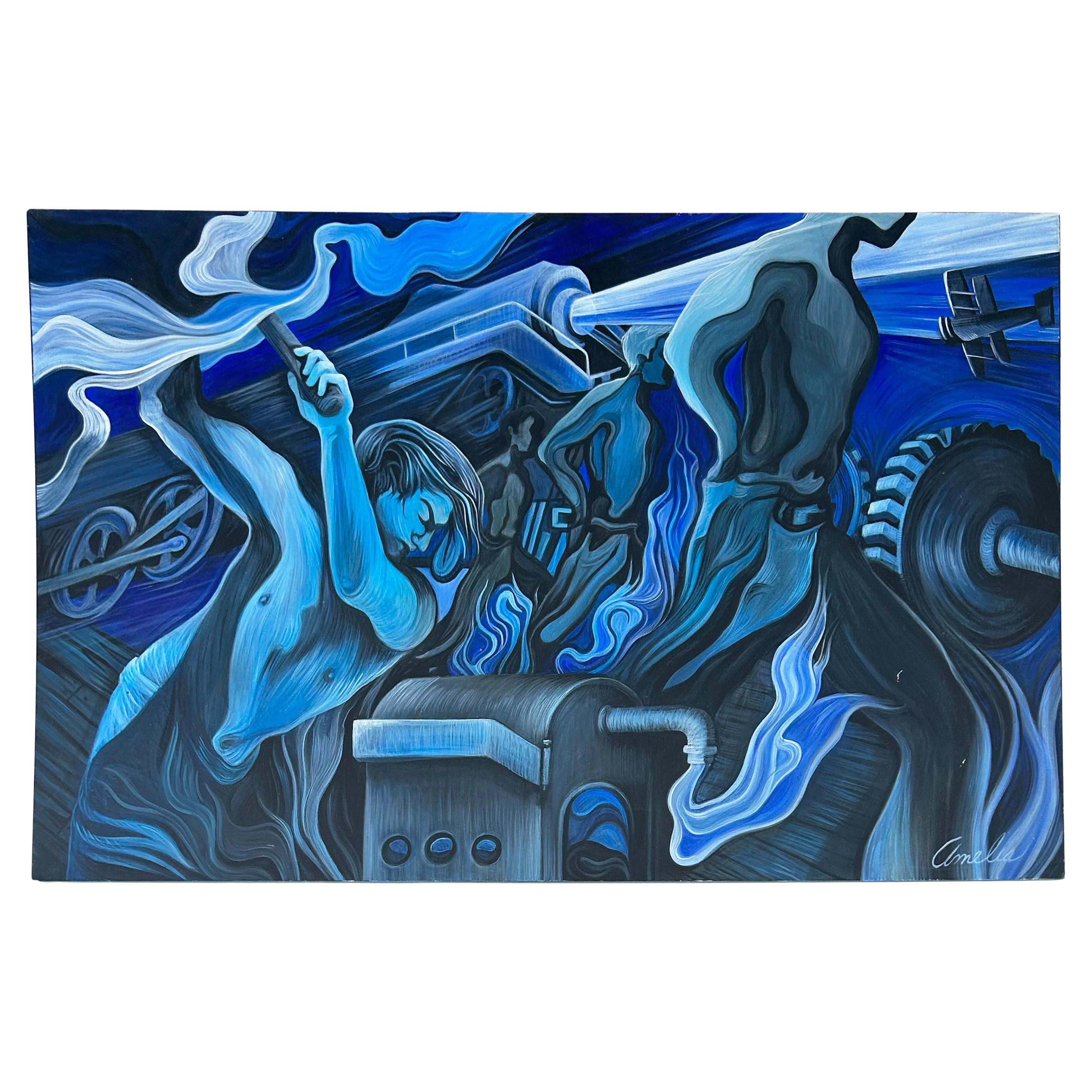 Large-scale WPA Style Painting by Chicago Artist Amelia Helper with Locomotive