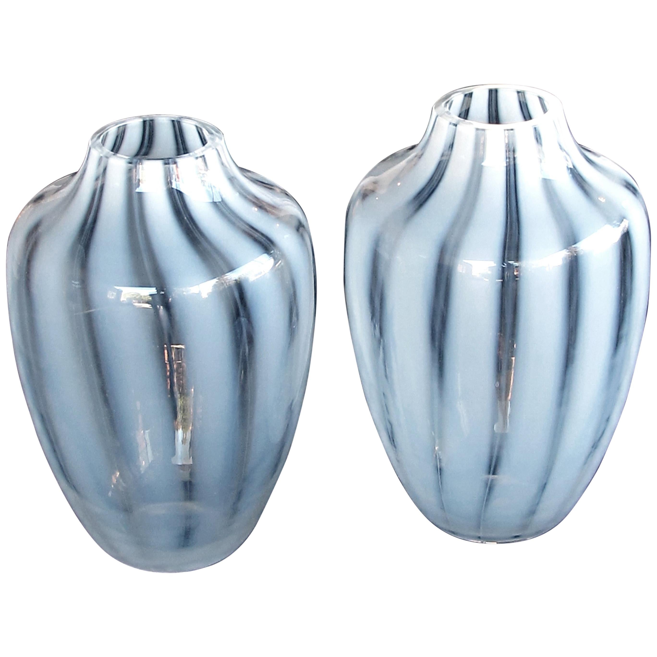 Large-Scaled and Striking Pair of Hessen Glaswerke White Striated Ovoid Vases For Sale