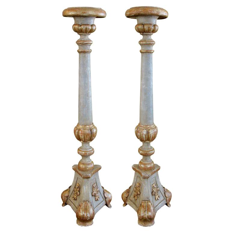 Large-Scaled Pair of Italian Neoclassical Painted and Parcel-Gilt Candlesticks