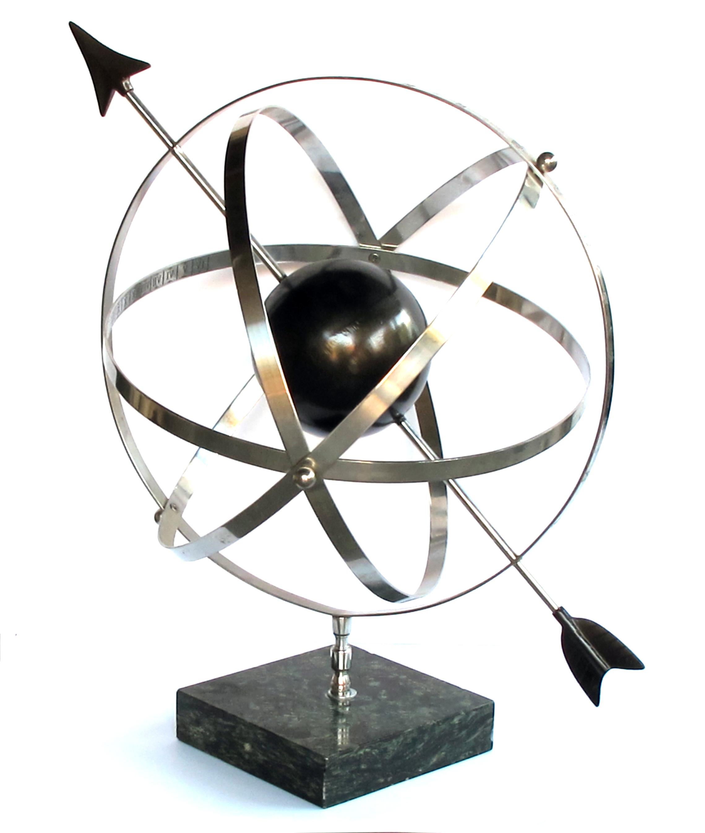 Composed of movable steel rings incised with signs of the zodiac and Roman numerals; resting on a square marble base; an armillary sphere is a tool that can be used to solve various astronomical problems or as an educational tool to represent