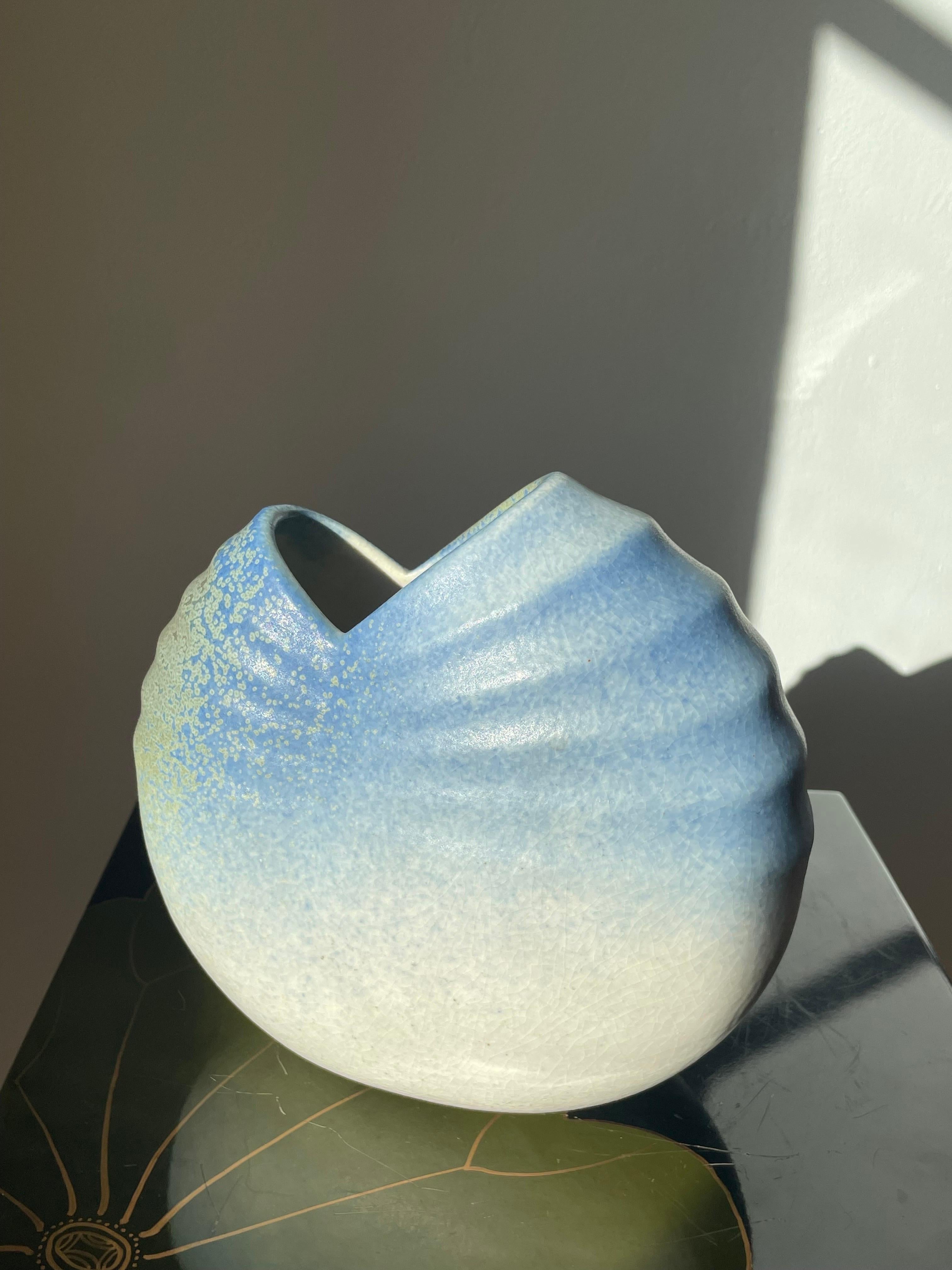 Large Scalloped Blue, Green, White Ceramic Vase, 1980s For Sale 4