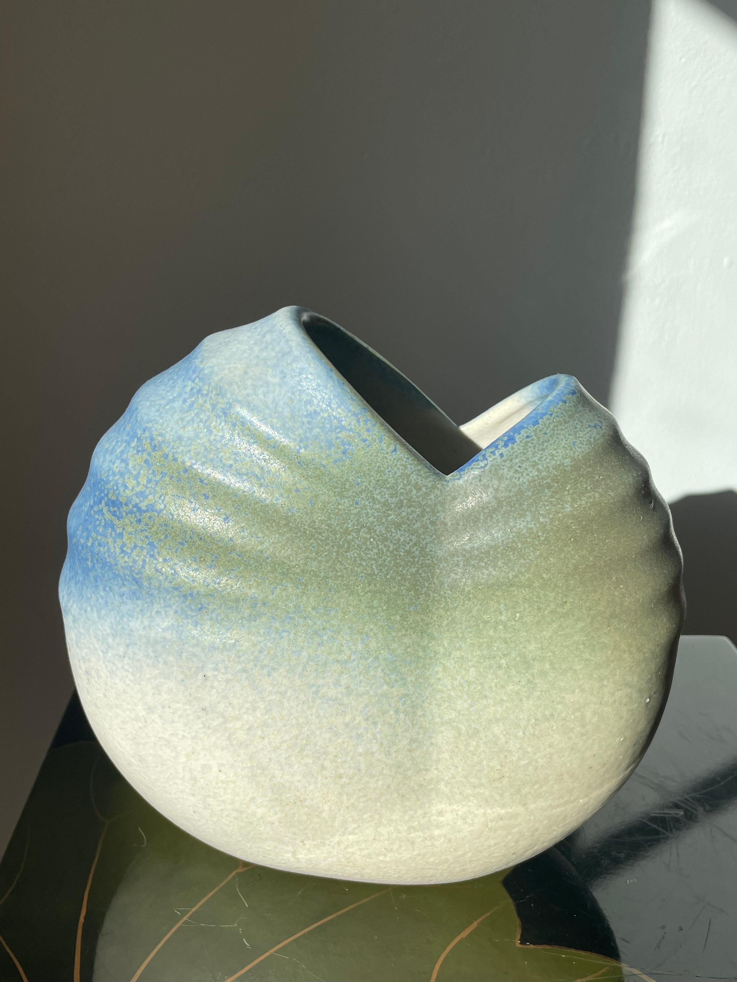 Large Scalloped Blue, Green, White Ceramic Vase, 1980s For Sale 5