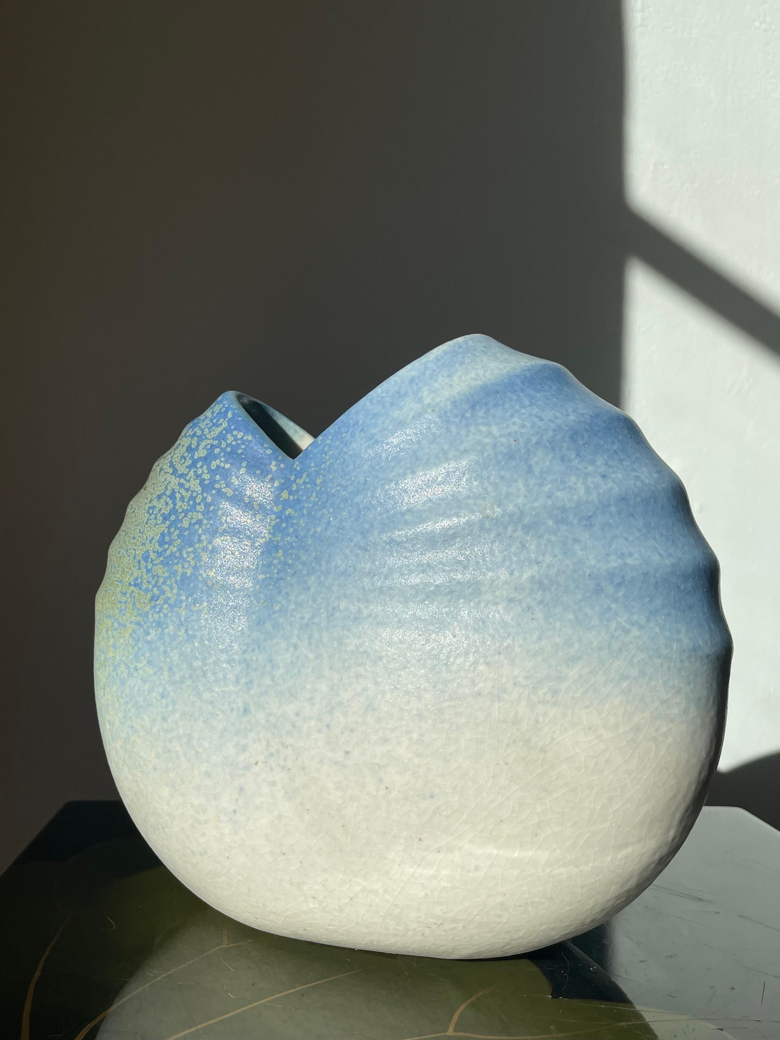 Scandinavian Modern Large Scalloped Blue, Green, White Ceramic Vase, 1980s For Sale