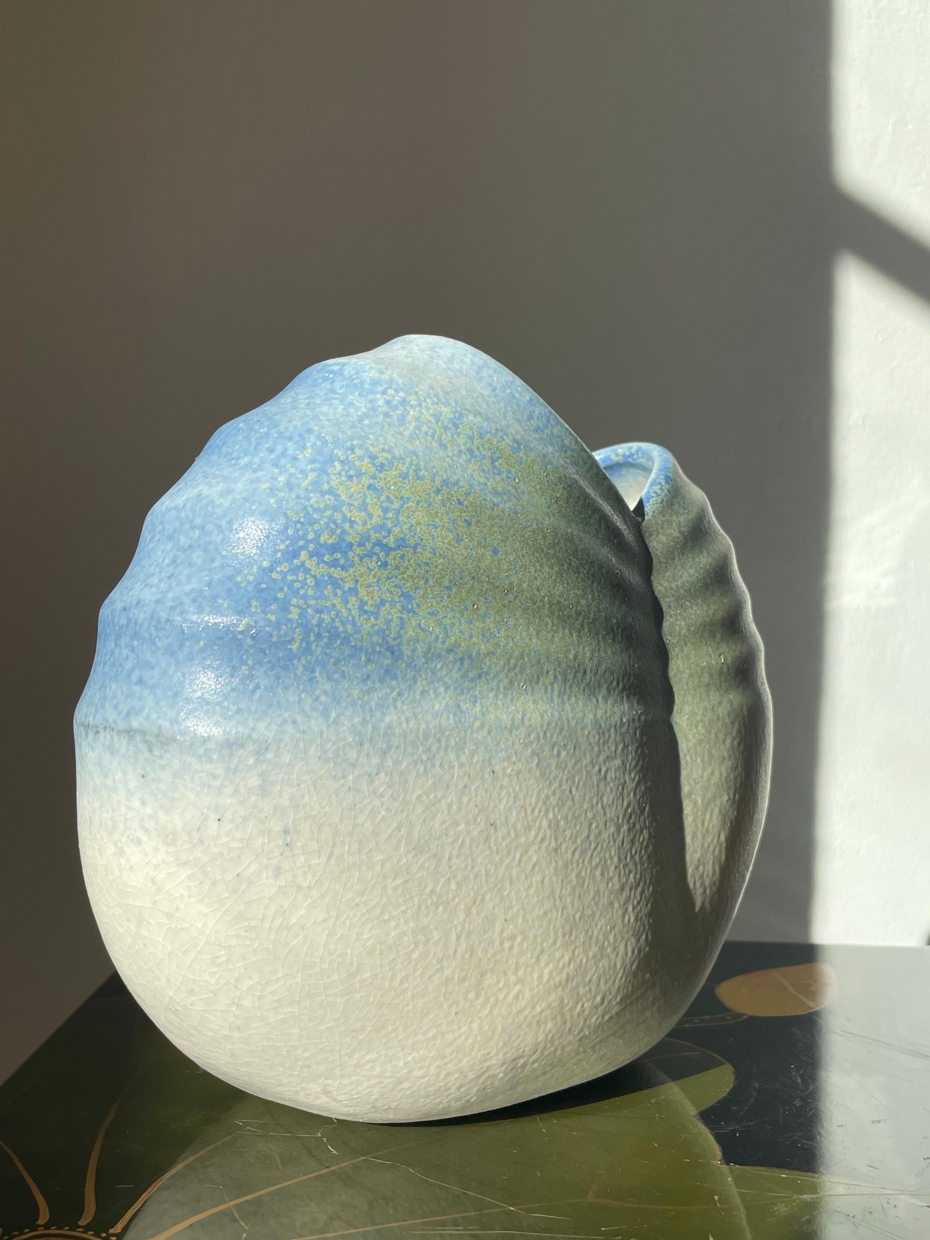 Glazed Large Scalloped Blue, Green, White Ceramic Vase, 1980s For Sale
