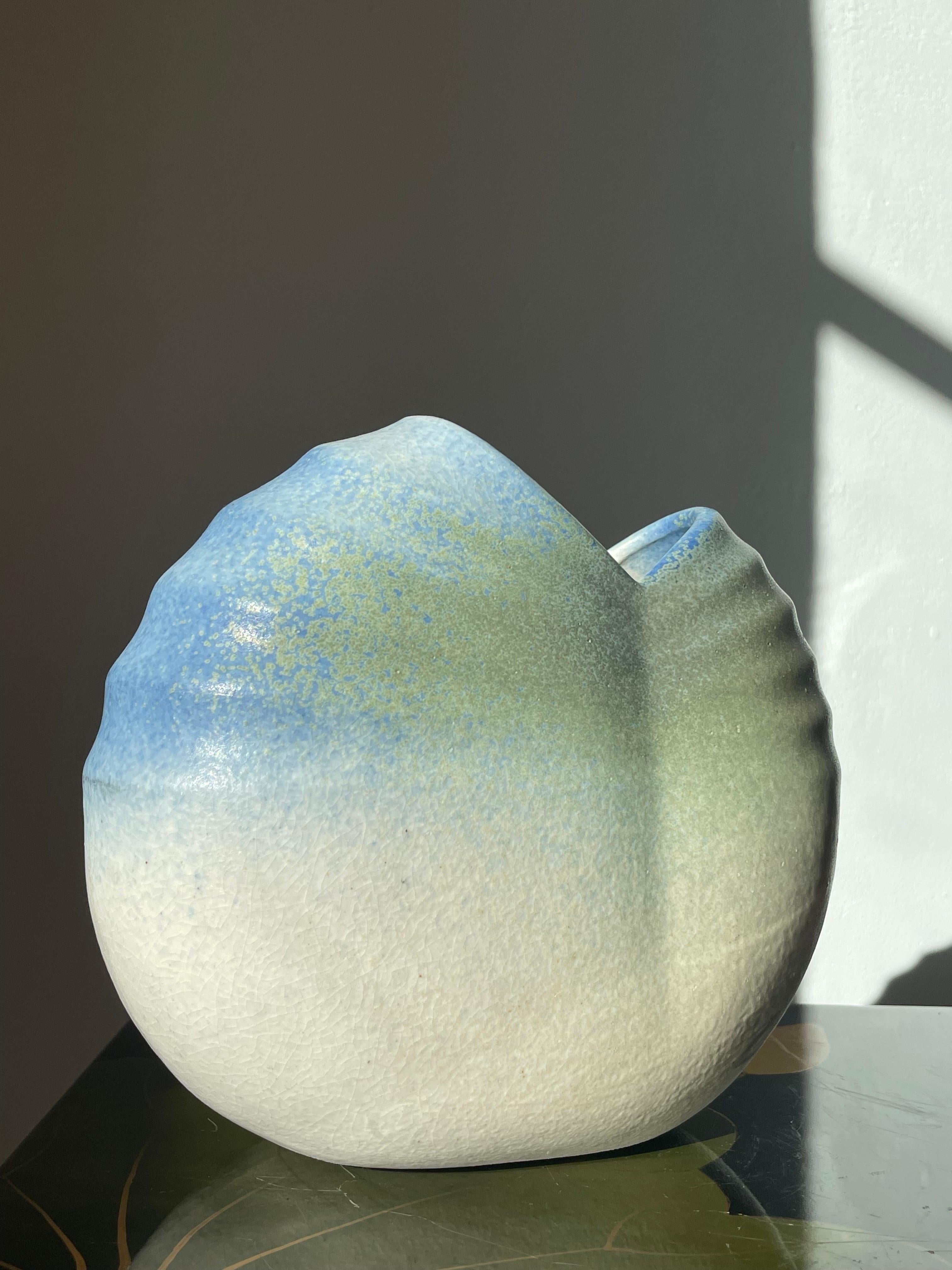 Large Scalloped Blue, Green, White Ceramic Vase, 1980s In Good Condition For Sale In Copenhagen, DK