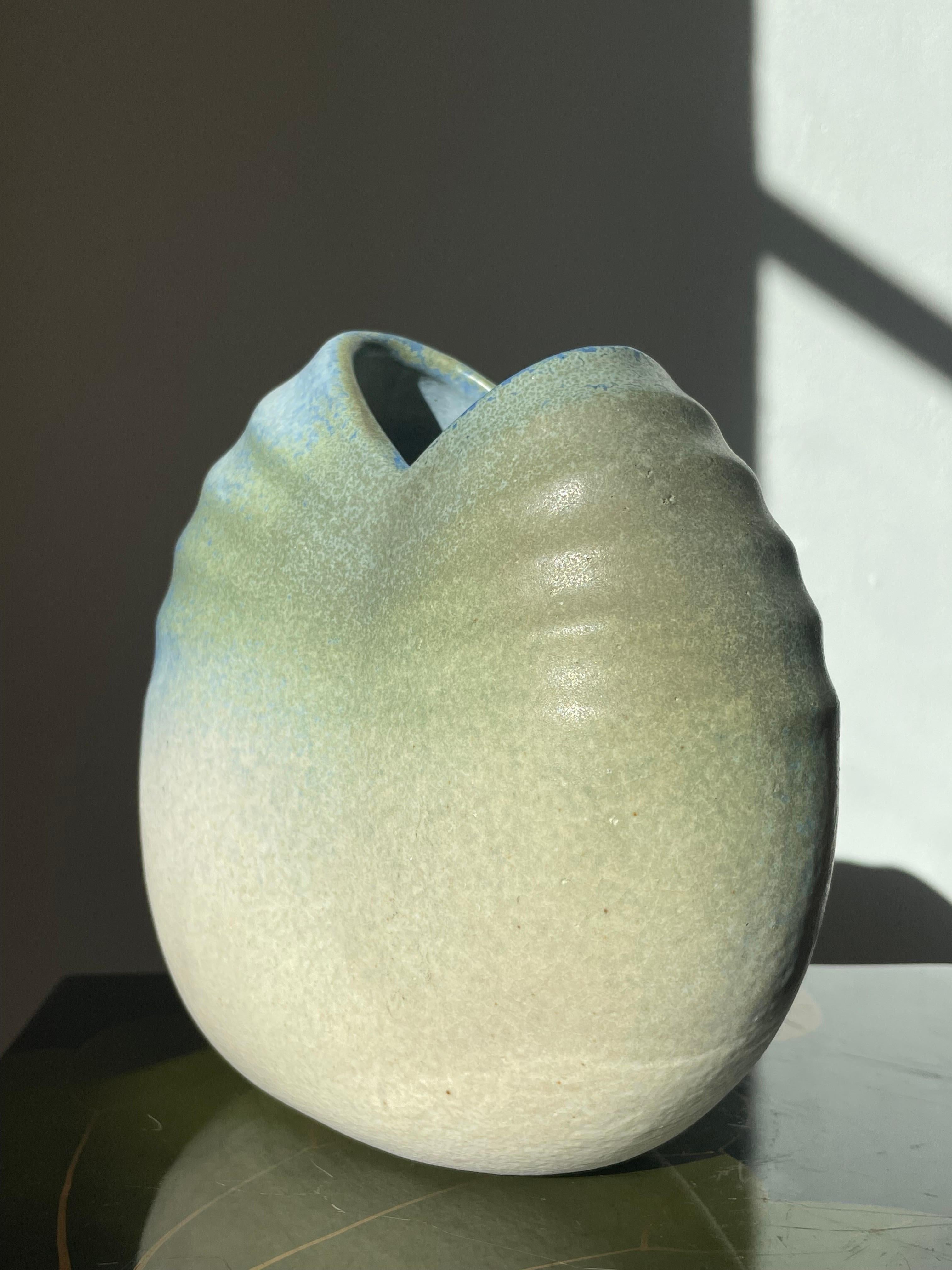 Large Scalloped Blue, Green, White Ceramic Vase, 1980s For Sale 1