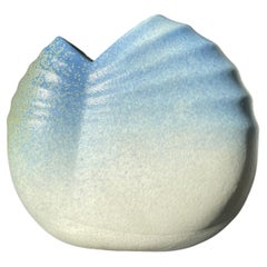 Large Scalloped Blue, Green, White Ceramic Vase, 1980s