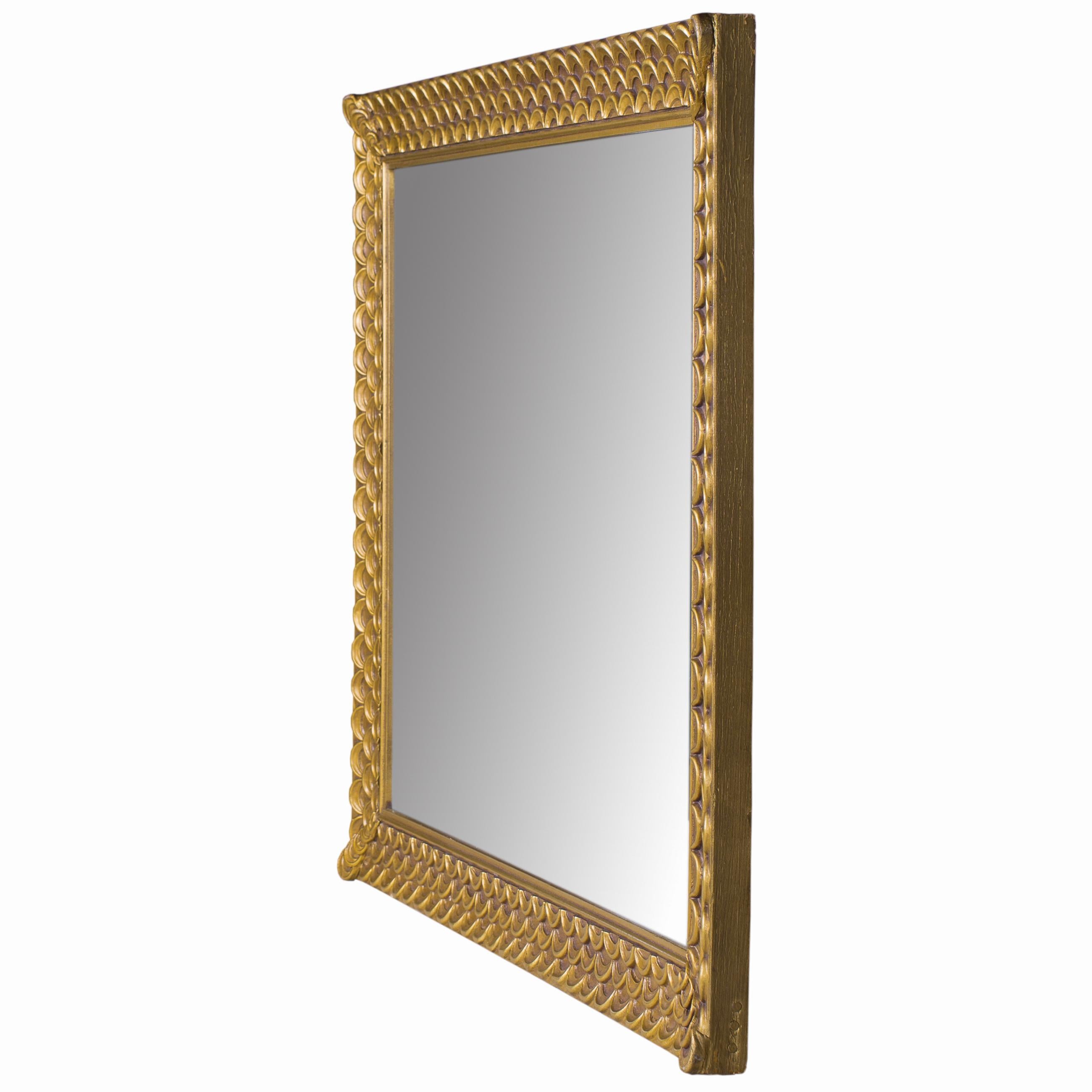 Hollywood Regency Large Scalloped Giltwood Gold Mirror, 1940s