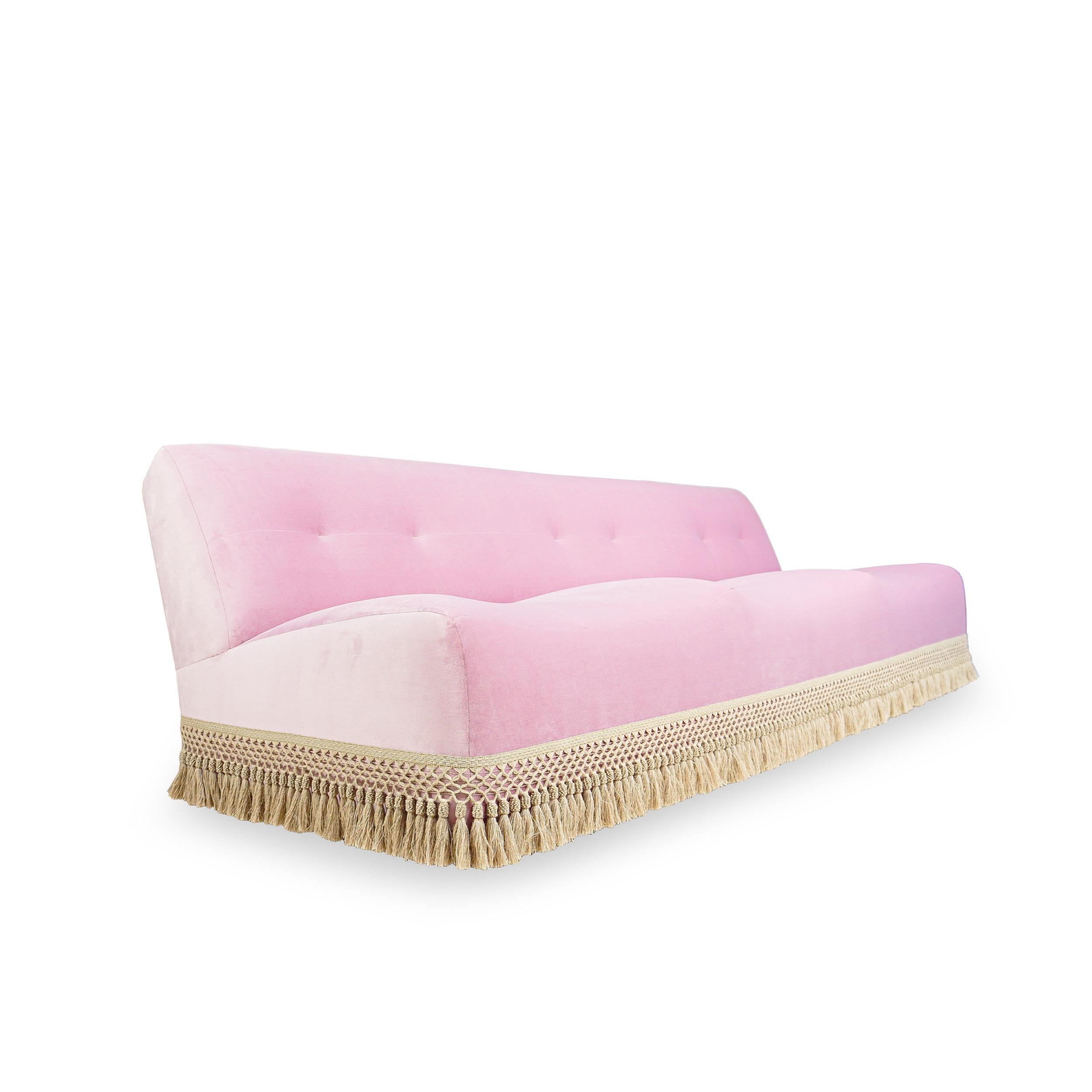 Modern Large Scalloped Sofa in Pink Velvet, Customizable For Sale