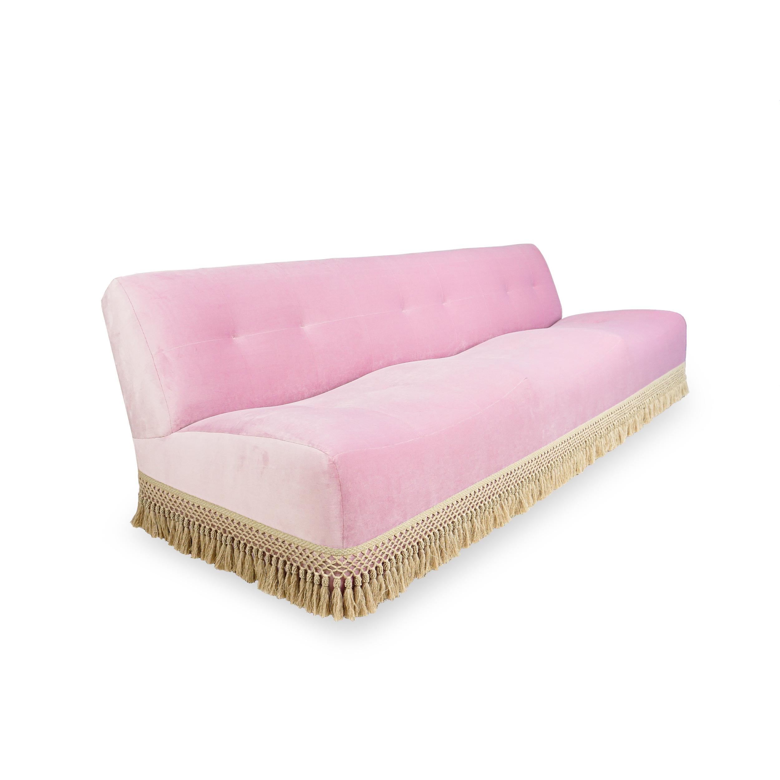 American Large Scalloped Sofa in Pink Velvet, Customizable For Sale